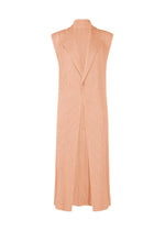 HATCHING PLEATS by ISSEY MIYAKE: Sleeveless, peach pleated long vest with vertical pinstripes, notched lapel collar, and tailored fit. Made from lightweight recycled polyester with a textured finish. - LIGHT PINK （no.21）