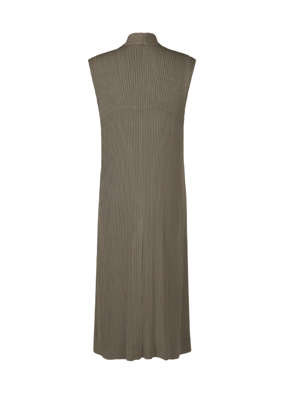 The ISSEY MIYAKE HATCHING PLEATS is a sleeveless, olive green knee-length dress with a high collar, vertical pleats, textured finish, and relaxed straight fit, shown from the back. view 2 of 5