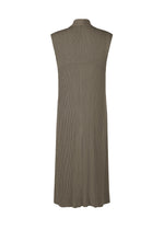 The ISSEY MIYAKE HATCHING PLEATS is a sleeveless, olive green knee-length dress with a high collar, vertical pleats, textured finish, and relaxed straight fit, shown from the back.