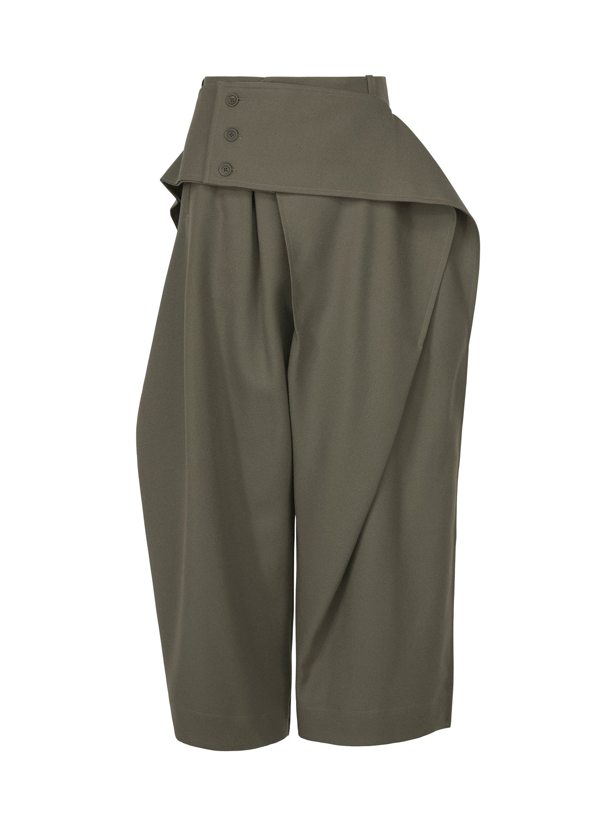 CALLIGRAPH wide-leg pants by ISSEY MIYAKE in olive green woven nashiji fabric feature a distinctive asymmetrical high waist with three-button closure and an overlapping flap detail. Designed with pleats and a relaxed, cropped silhouette, these pants evoke classic ISSEY MIYAKE style. view 1 of 9