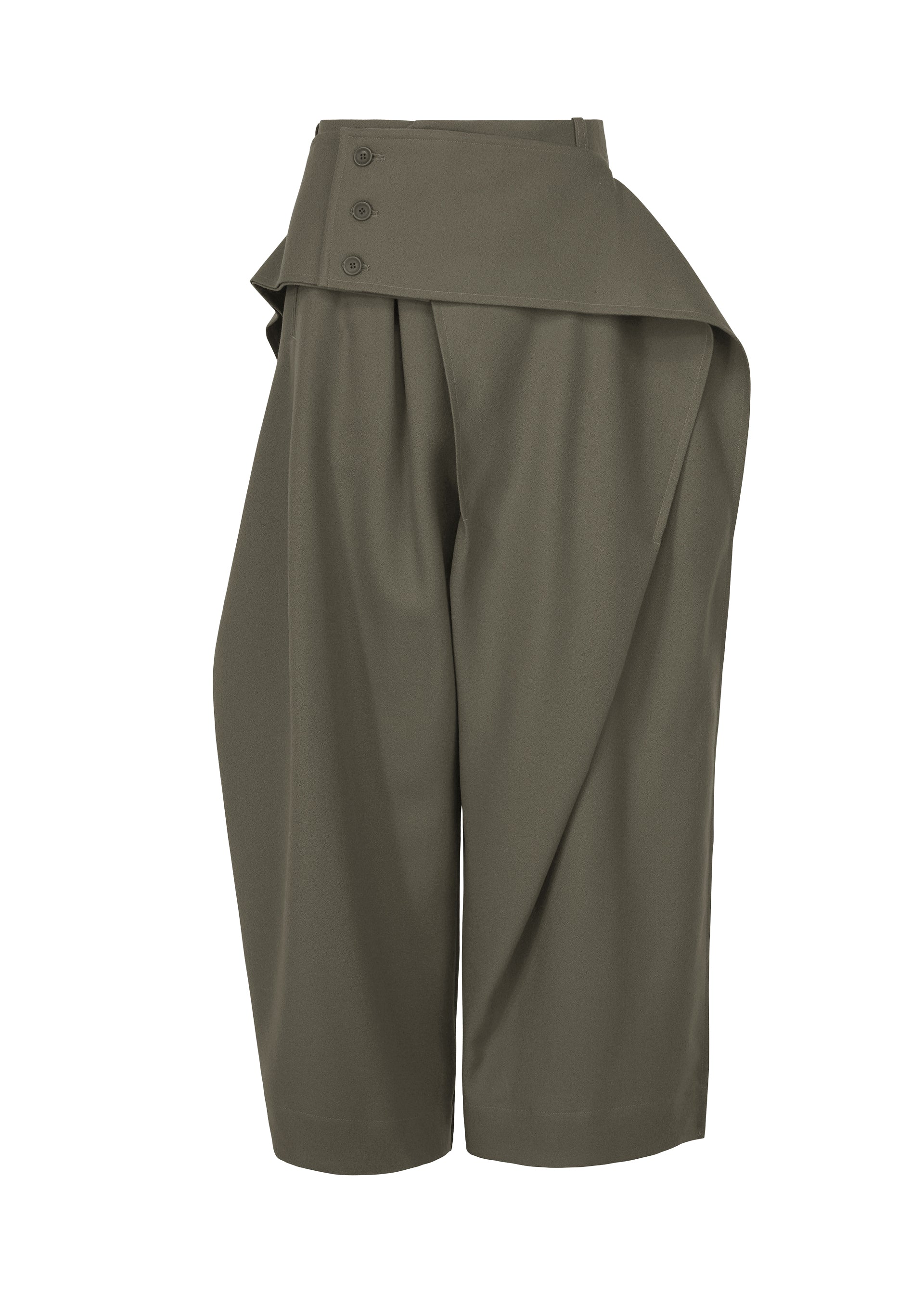 Zoomed view CALLIGRAPH wide-leg pants by ISSEY MIYAKE in olive green woven nashiji fabric feature a distinctive asymmetrical high waist with three-button closure and an overlapping flap detail. Designed with pleats and a relaxed, cropped silhouette, these pants evoke classic ISSEY MIYAKE style. - GRAY （no.12）
