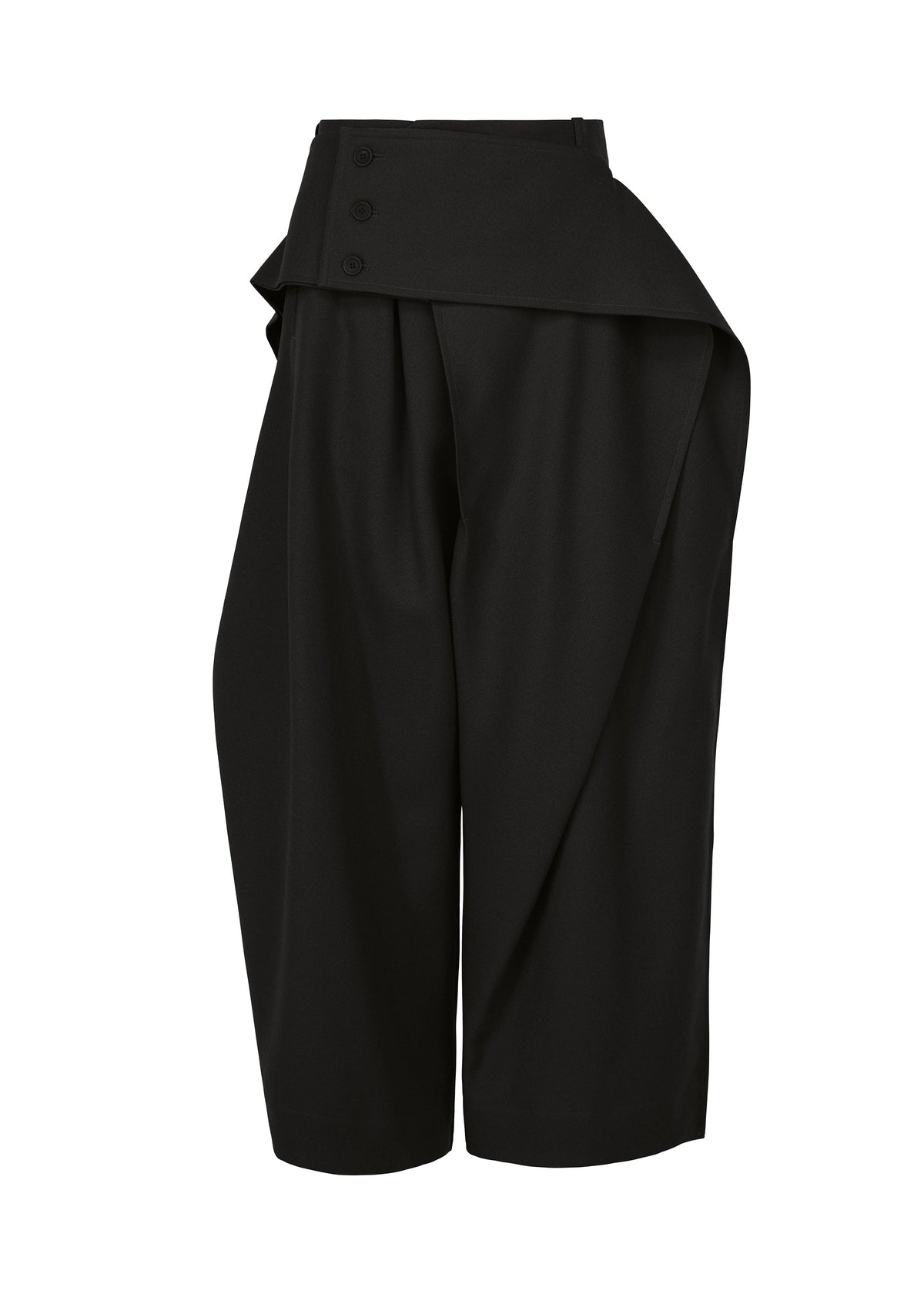 High-waisted black culotte pants from ISSEY MIYAKE’s CALLIGRAPH collection, crafted from woven nashiji fabric and featuring an asymmetrical layered flap detail with button accents at the waistband. Displayed on a white background, these premium wool pants embody elegance and modern sophistication inspired by ISSEY MIYAKE’s signature innovative style. view 2 of 9