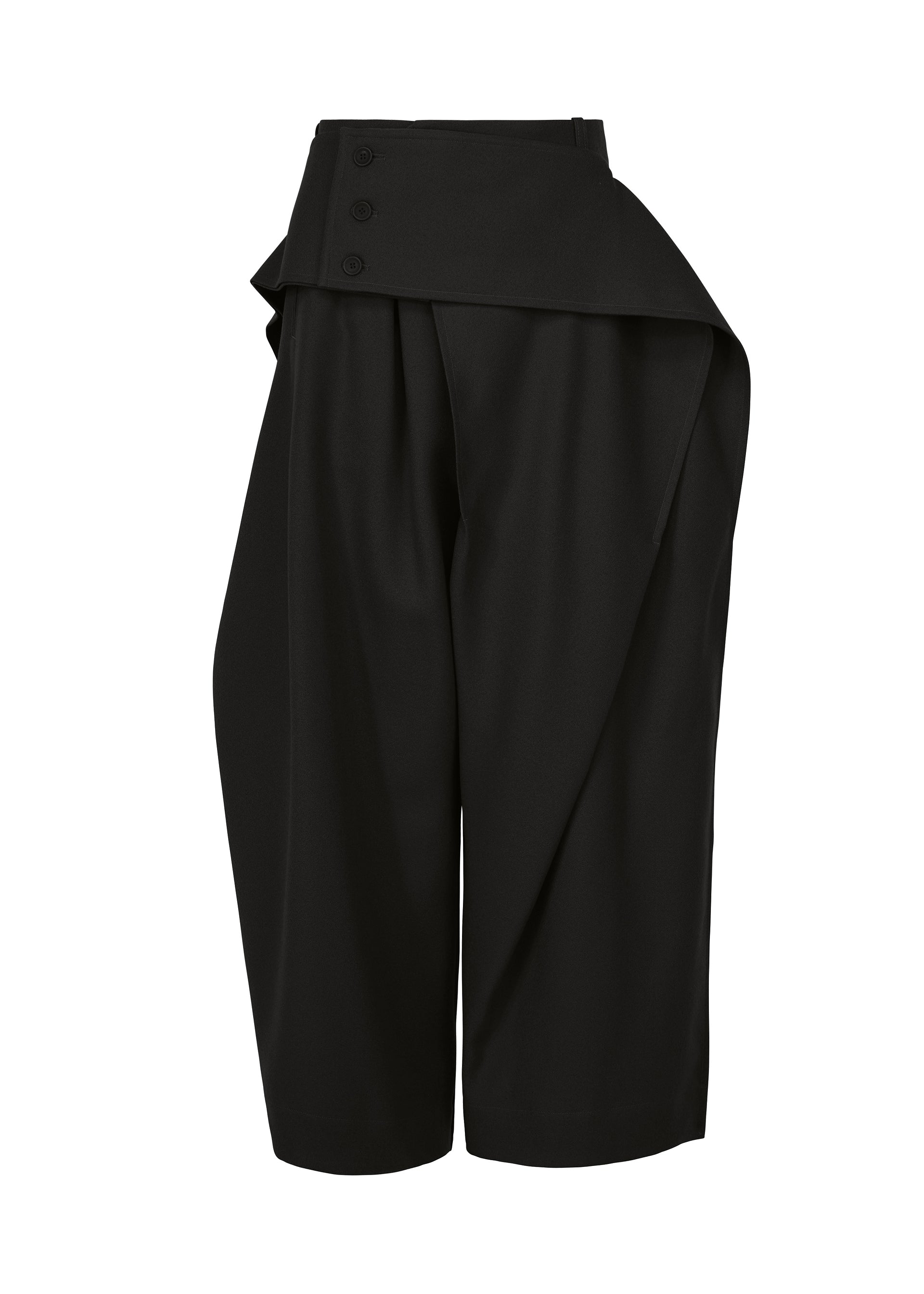 Zoomed view High-waisted black culotte pants from ISSEY MIYAKE’s CALLIGRAPH collection, crafted from woven nashiji fabric and featuring an asymmetrical layered flap detail with button accents at the waistband. Displayed on a white background, these premium wool pants embody elegance and modern sophistication inspired by ISSEY MIYAKE’s signature innovative style. - BLACK （no.15）