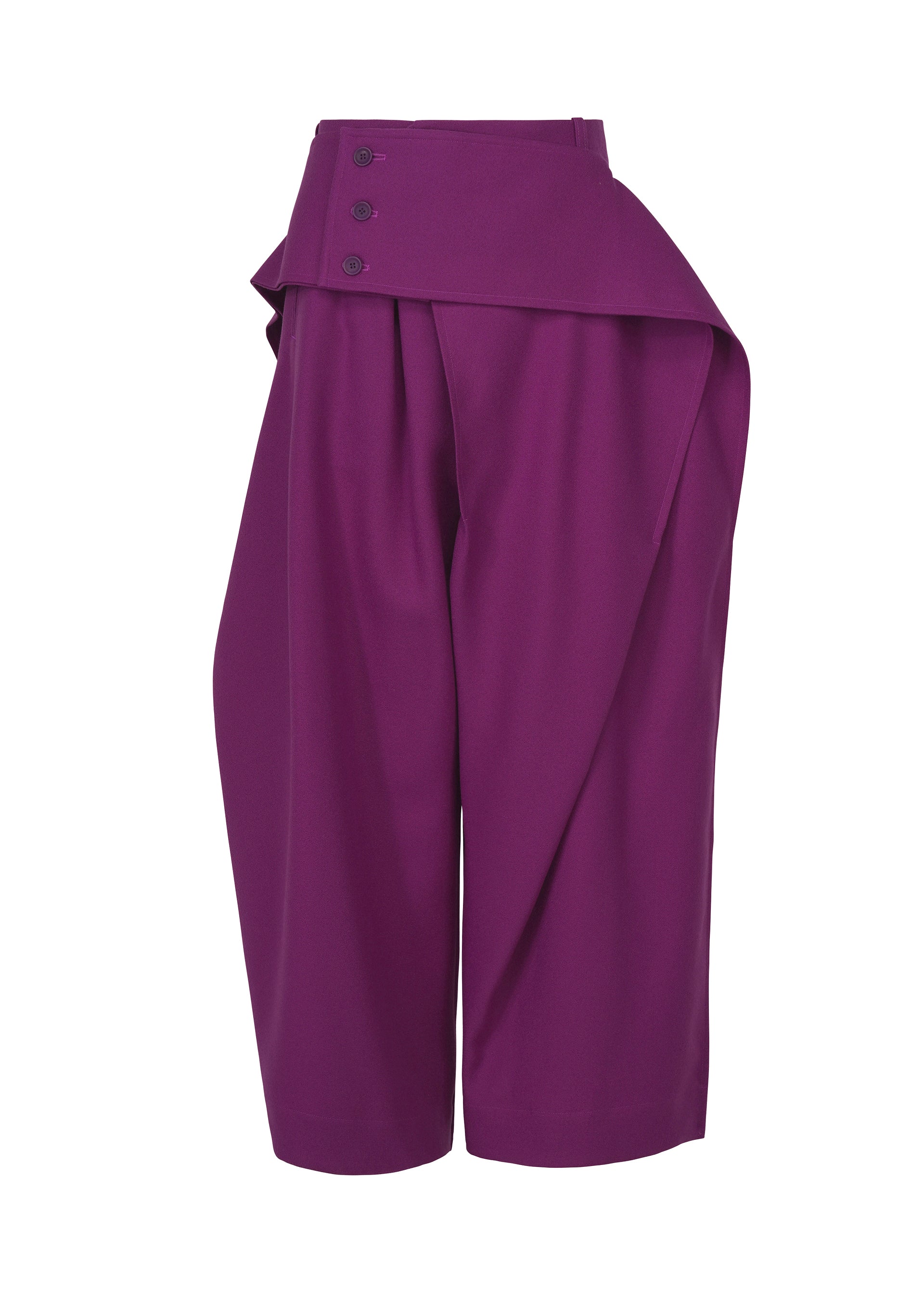 Zoomed view High-waisted, wide-leg purple CALLIGRAPH pants by ISSEY MIYAKE, expertly crafted from premium woven nashiji wool with an asymmetrical overlay and three-button waistband—offering a modern, layered silhouette. - PURPLE （no.81）