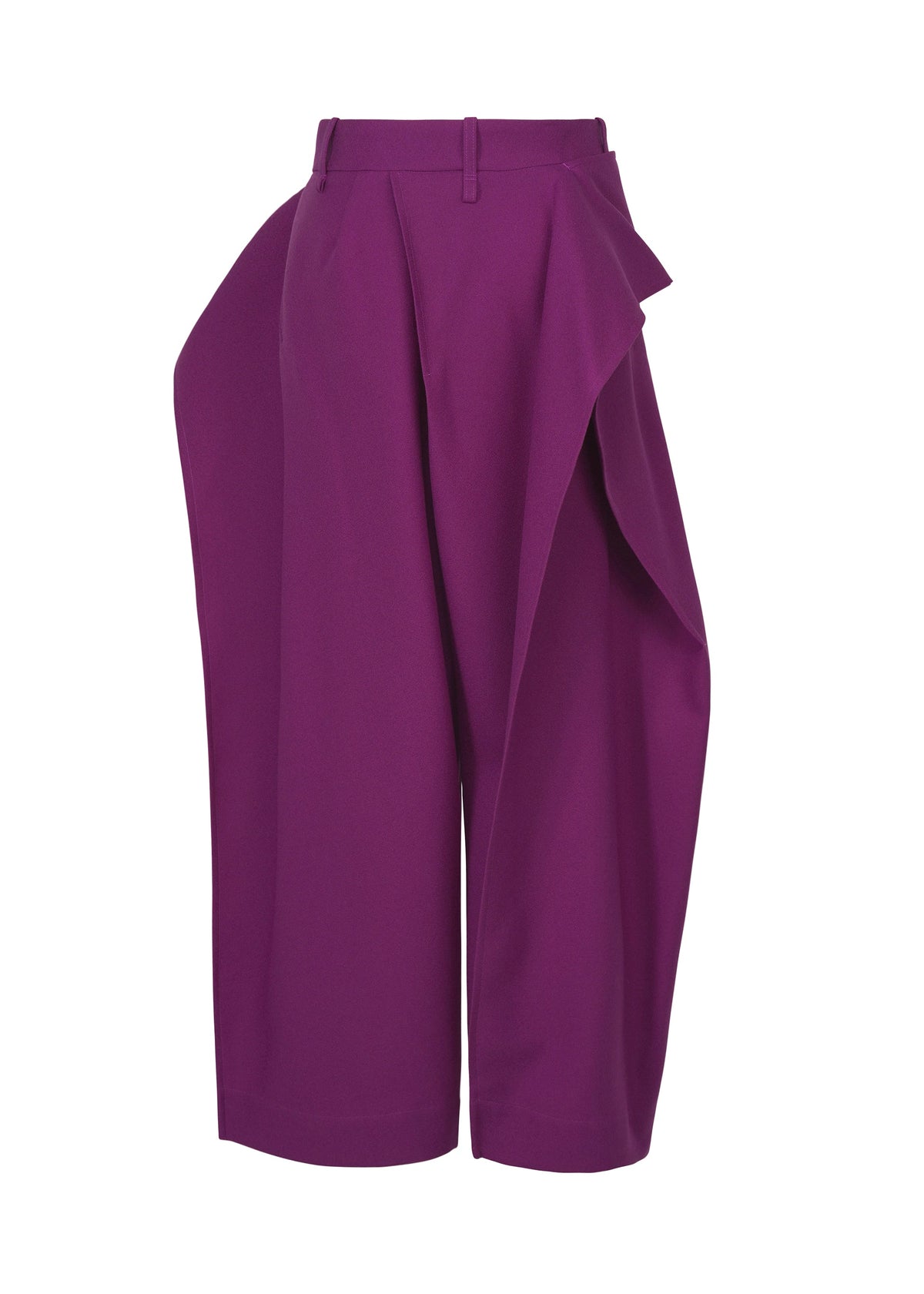 The CALLIGRAPH wide-leg pants by ISSEY MIYAKE feature an exaggerated, asymmetrical draped detail on one side, creating a sculptural and avant-garde silhouette. Crafted from premium woven nashiji fabric in a striking purple hue, these high-waisted pants are finished with belt loops and pleats at the waist for a luxurious, distinctive look inspired by ISSEY MIYAKE’s signature innovation. view 4 of 9