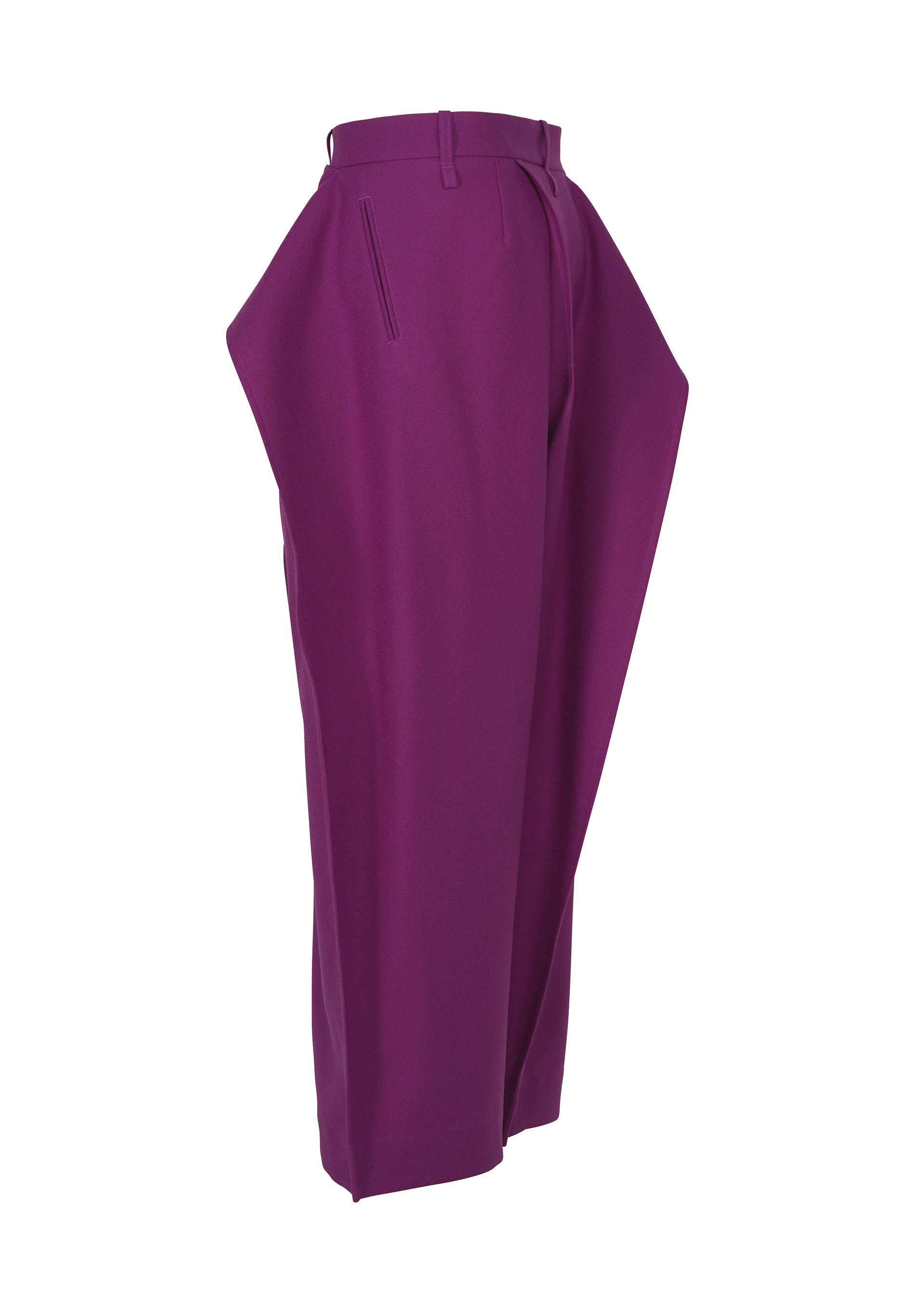 Zoomed view The CALLIGRAPH pants by ISSEY MIYAKE are high-waisted, wide-leg purple trousers with sharp pleats and exaggerated side volume, crafted from premium wool and woven Nashiji fabric. They feature belt loops and slanted side pockets in the brand’s signature style.