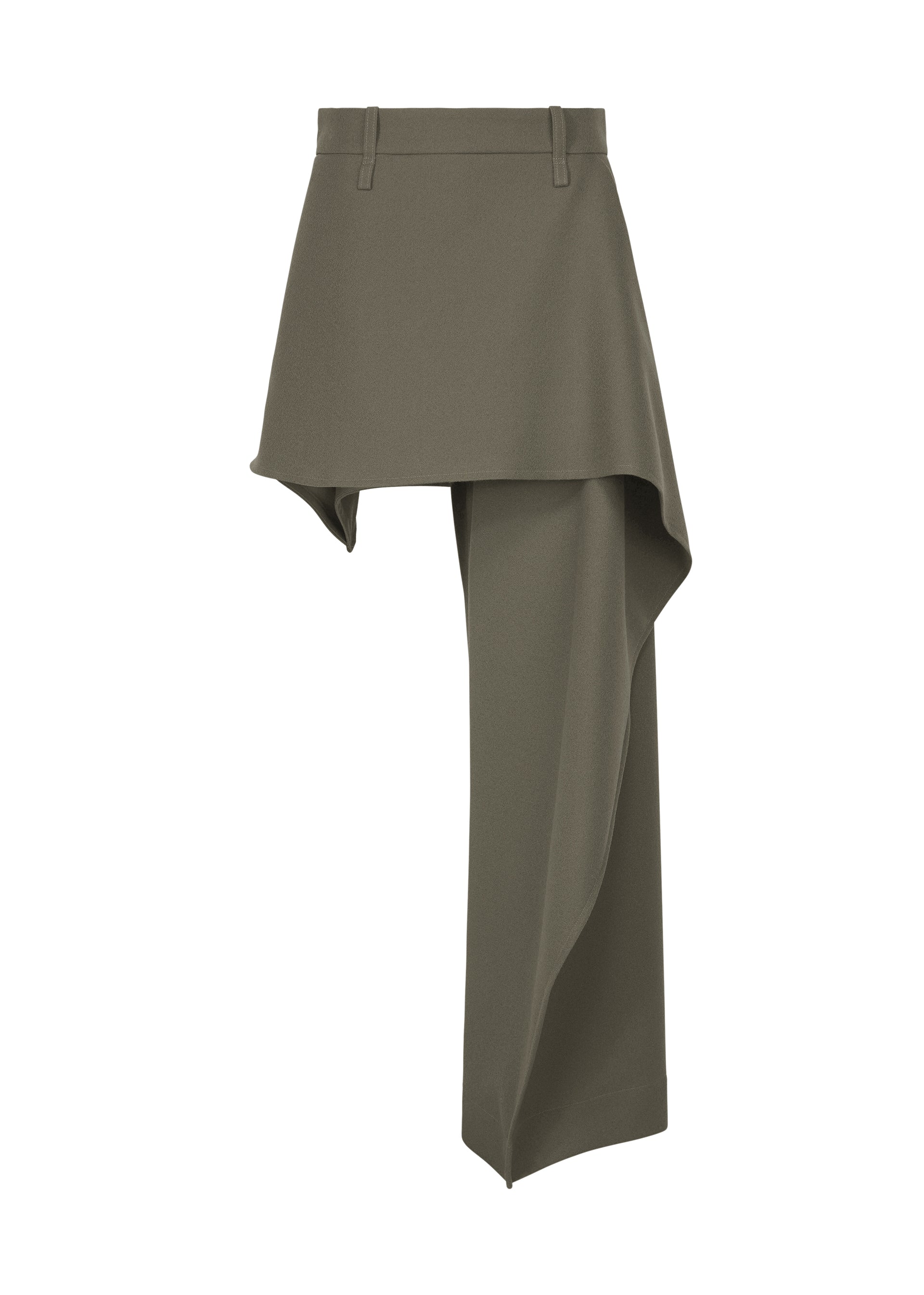 Zoomed view Olive green CALLIGRAPH pants by ISSEY MIYAKE, crafted from premium wool, feature an asymmetrical design with one wide, straight leg and an overlapping draped panel that creates a skirt-like effect on one side. This striking silhouette embodies modern sophistication and the brand’s innovative aesthetic. - GRAY （no.12）