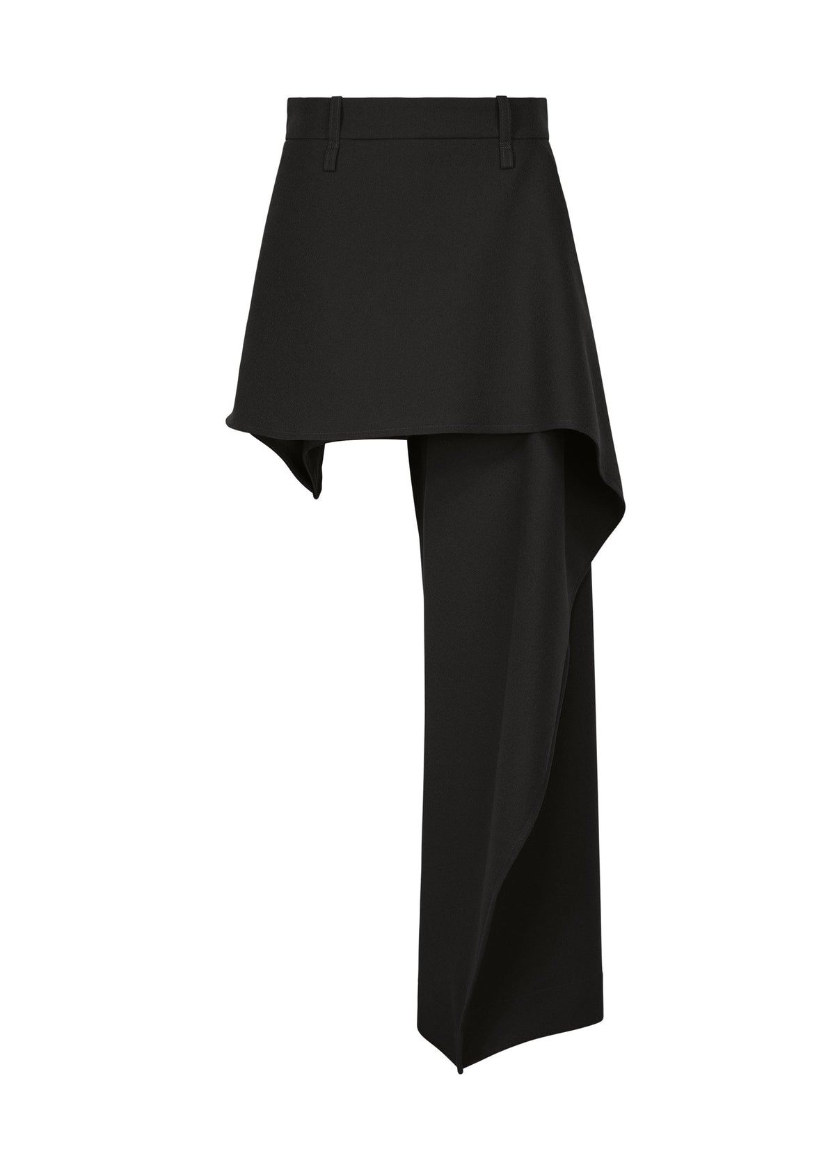 The CALLIGRAPH pants by ISSEY MIYAKE feature an asymmetrical black design with one full-length leg and an overlapping skirt-like panel on the other side, crafted from premium wool for a distinctive, fashion-forward look inspired by the brand’s iconic aesthetic. view 2 of 8