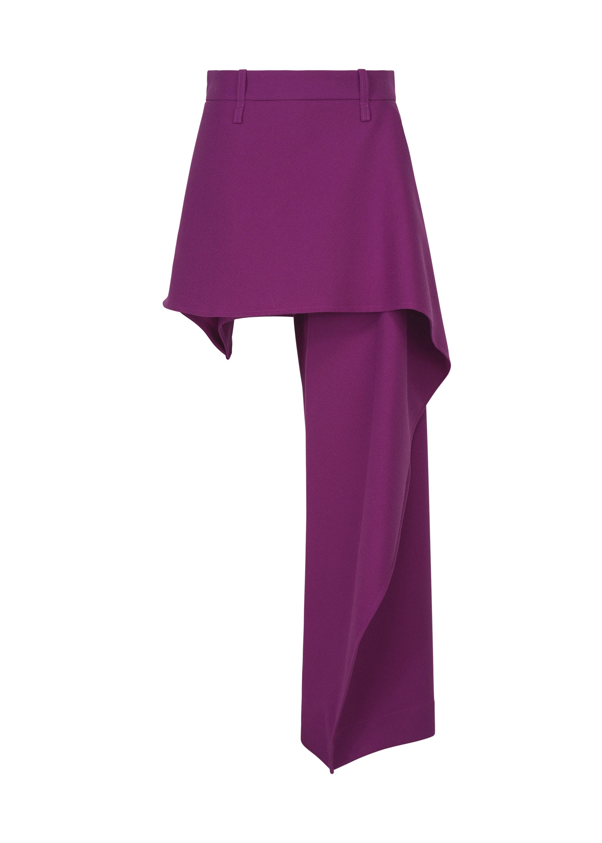 Zoomed view Introducing the ISSEY MIYAKE CALLIGRAPH pants: an asymmetrical purple design featuring one straight leg and an uneven, skirt-like draped overlay on one side for a modern, distinctive silhouette. Drawing inspiration from ISSEY MIYAKE’s signature asymmetric aesthetic, these premium wool pants embody a refined fusion of innovation and elegance. - PURPLE （no.81）