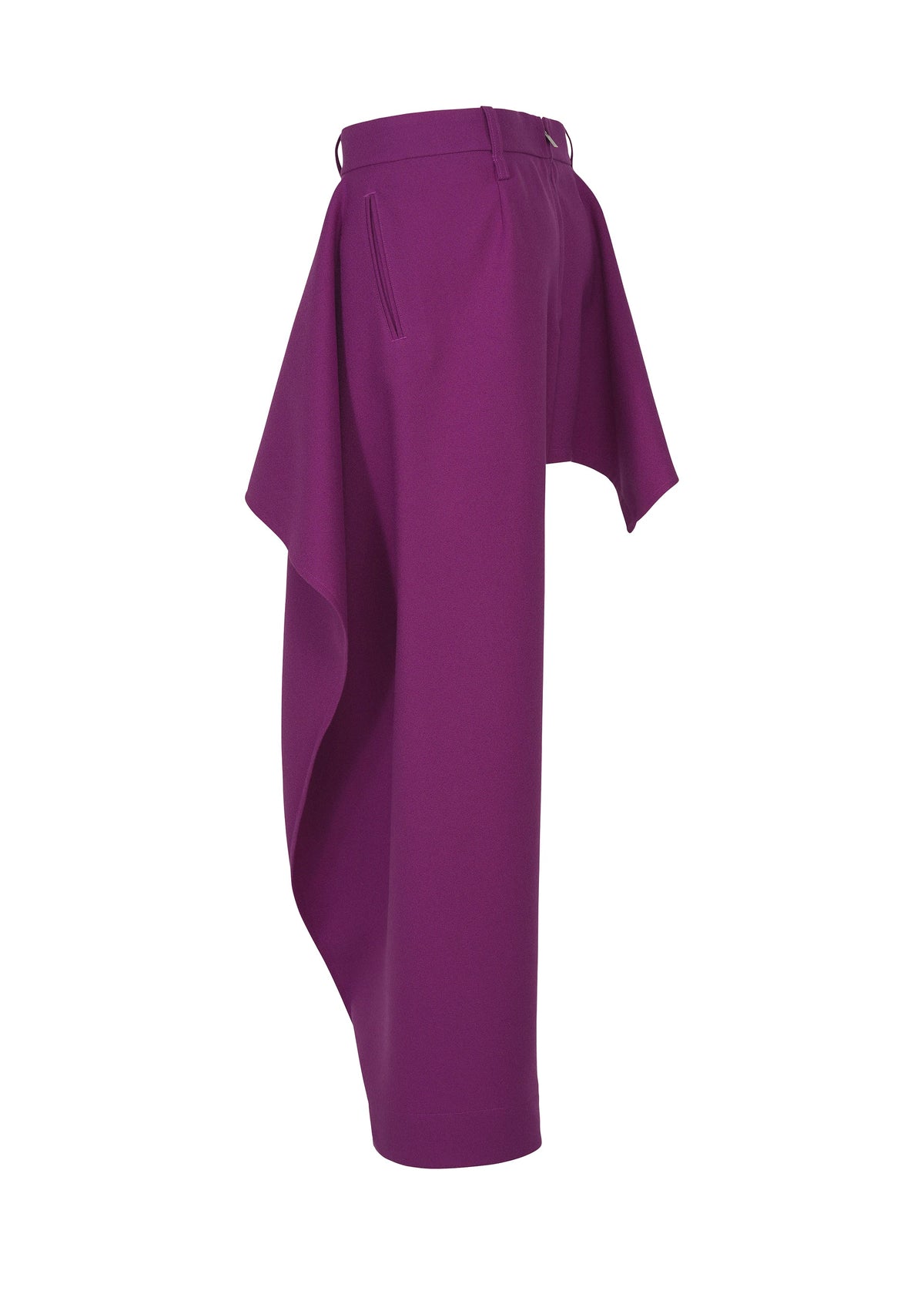 High-waisted, wide-leg purple CALLIGRAPH pants by ISSEY MIYAKE crafted from premium wool, featuring a distinctive draped fabric detail extending from the right waistband to mid-thigh and showcasing an asymmetric design, photographed on a white background. view 5 of 8