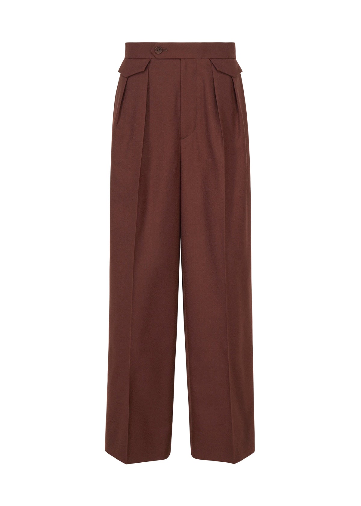 The UNTITLED wide-leg brown wool pants by ISSEY MIYAKE feature a high waist, SUPER120’s wool, pleats, front button closure, and flap pockets near the waistband, shown on a white background. view 1 of 6