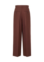 Back view of UNTITLED by ISSEY MIYAKE: tailored brown SUPER120’s wool wide pants with belt loops and two buttoned welt pockets, shown against a white background.
