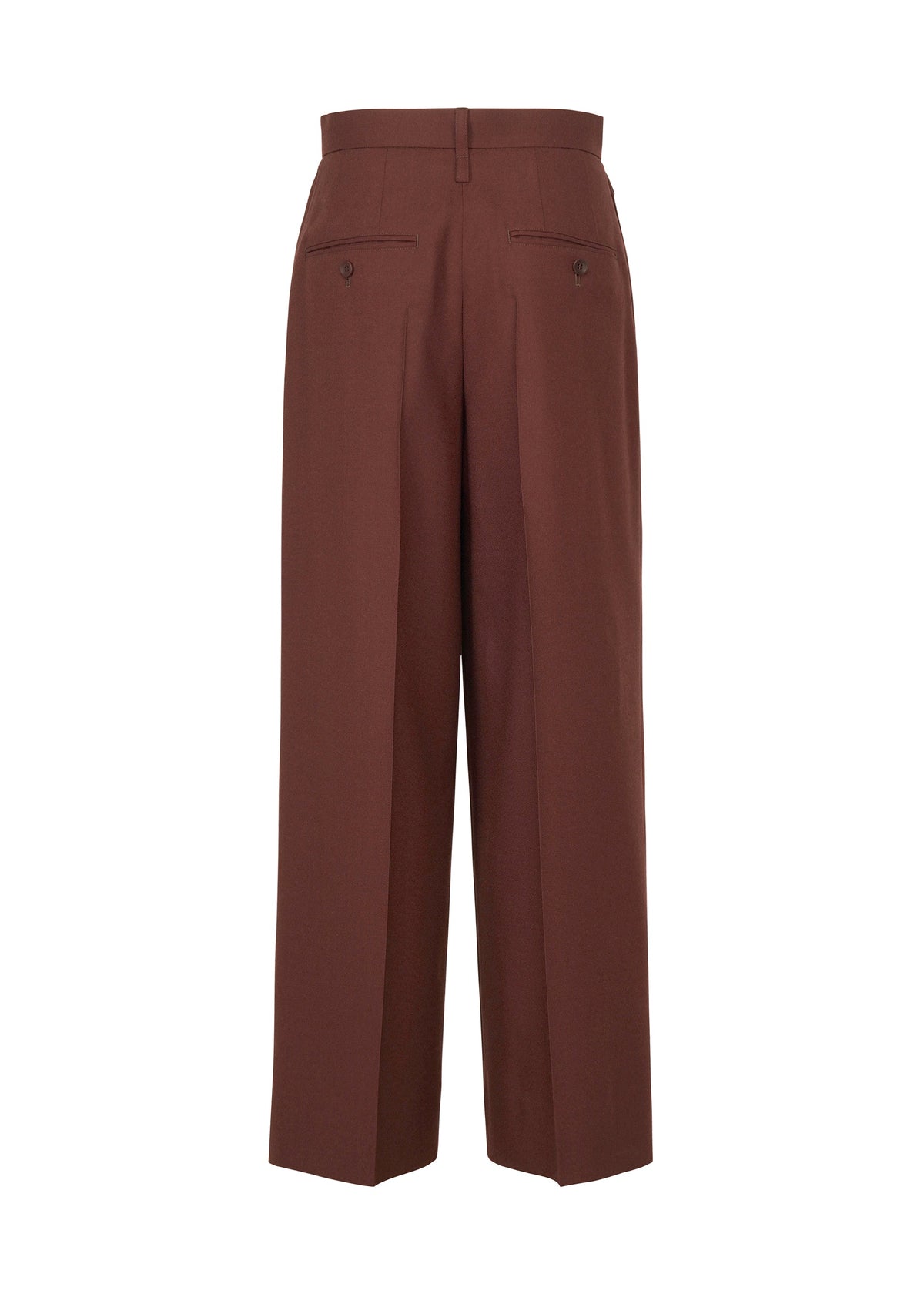 Zoomed view Back view of UNTITLED by ISSEY MIYAKE: tailored brown SUPER120’s wool wide pants with belt loops and two buttoned welt pockets, shown against a white background.