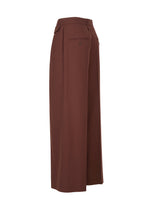 High-waisted, wide-leg brown wool pants (SUPER120’s) with a single back pocket and button from ISSEY MIYAKE’s UNTITLED, shown side view on a white background.