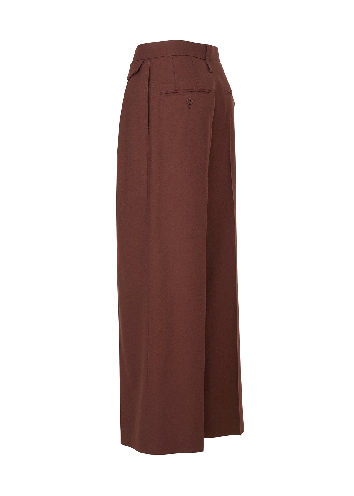 Zoomed view High-waisted, wide-leg brown wool pants (SUPER120’s) with a single back pocket and button from ISSEY MIYAKE’s UNTITLED, shown side view on a white background.