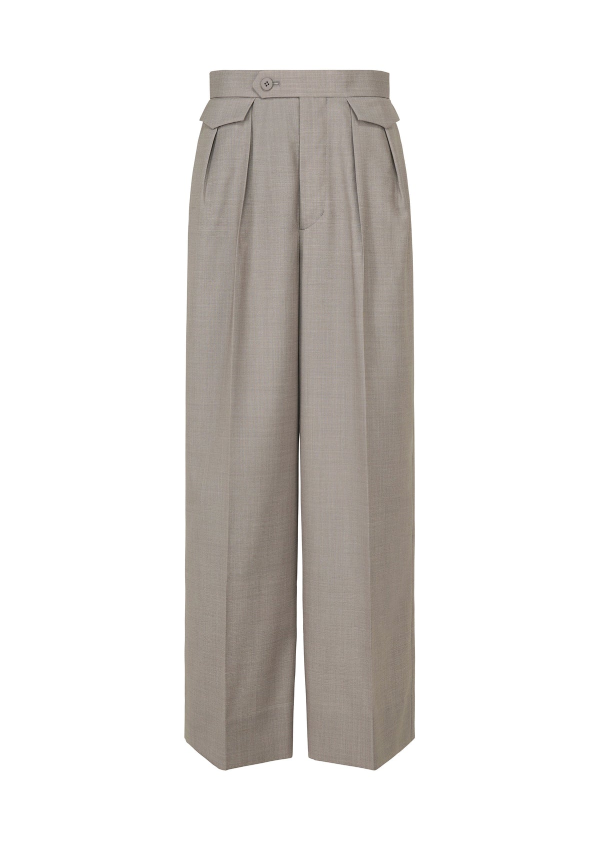 The HONEST ENSEMBLE trousers by ISSEY MIYAKE are wide-leg, high-waisted beige pants made from luxurious yarn-dyed wool, featuring pleats, a button closure, and two flap details at the waist, displayed on a plain white background. view 1 of 7