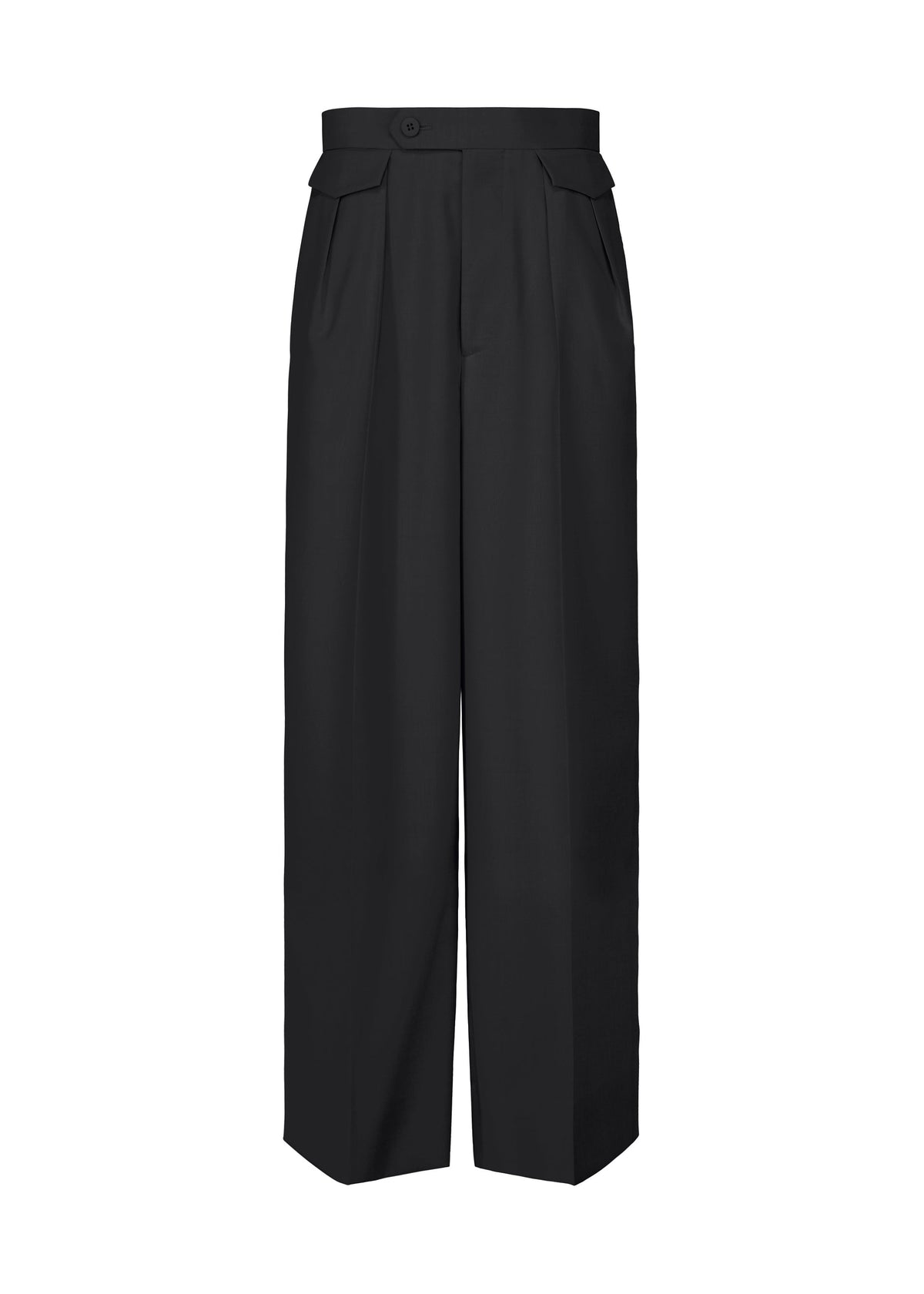 Black high-waisted, wide-leg trousers with front pleats, button closure, and flap pockets at the waist. Crafted from smooth and structured yarn-dyed wool, these wide pants are displayed on a plain white background. view 2 of 7