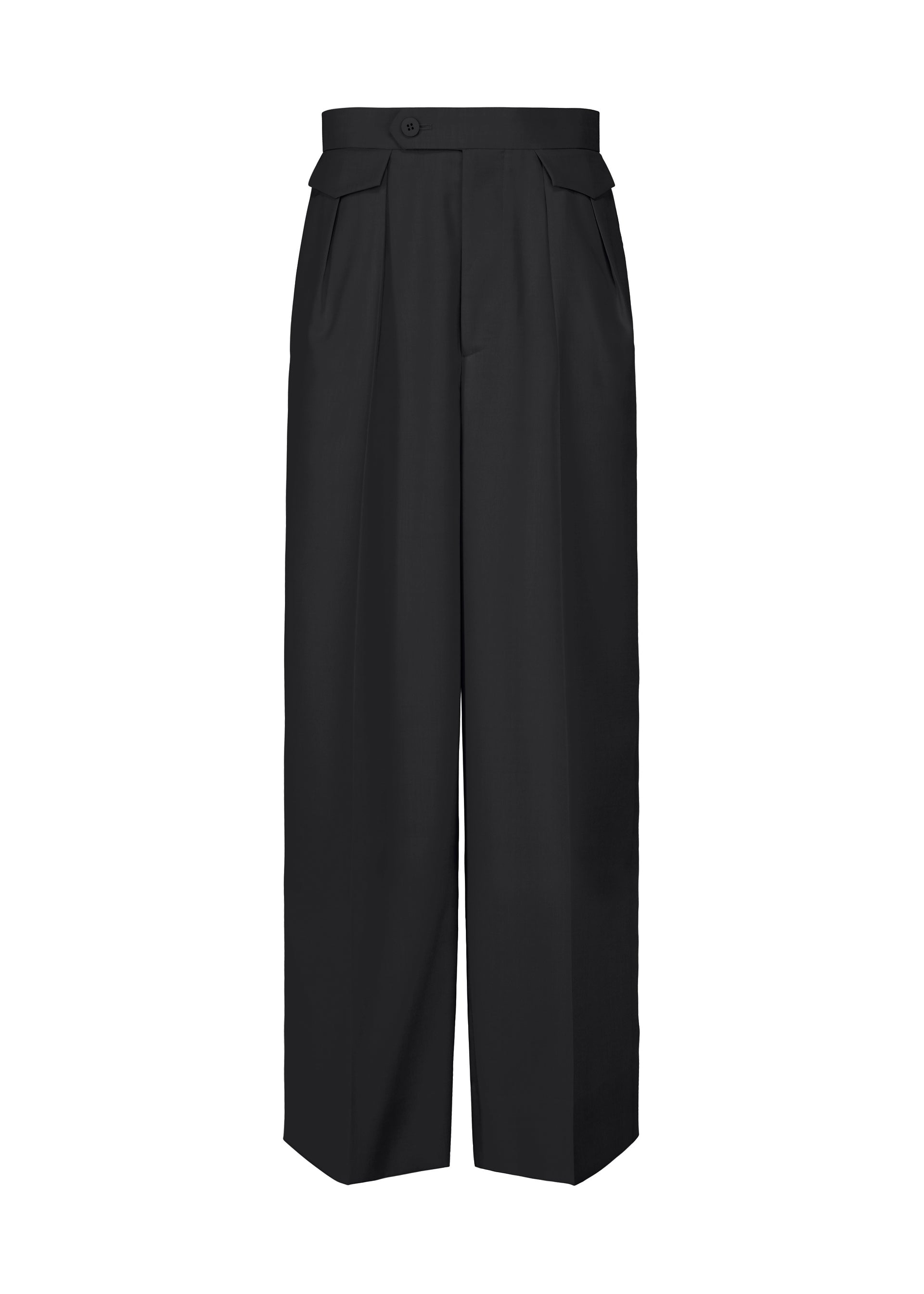 Zoomed view Black high-waisted, wide-leg trousers with front pleats, button closure, and flap pockets at the waist. Crafted from smooth and structured yarn-dyed wool, these wide pants are displayed on a plain white background. - BLACK （no.15）