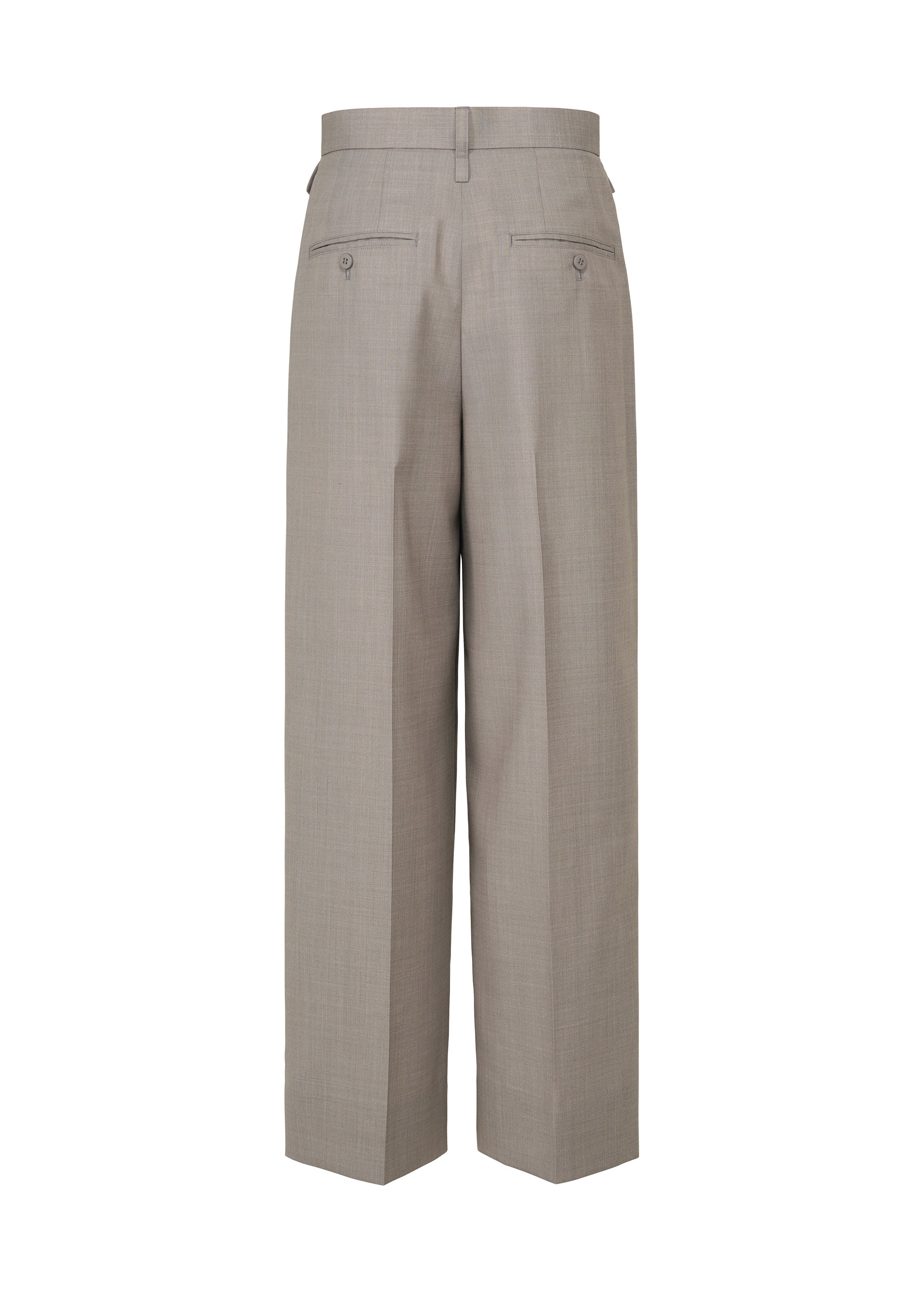 Zoomed view Back view of the HONEST ENSEMBLE straight-leg dress pants by ISSEY MIYAKE in light gray, expertly crafted from yarn-dyed wool and featuring two welt pockets, button closures, belt loops, and a smooth, tailored finish.