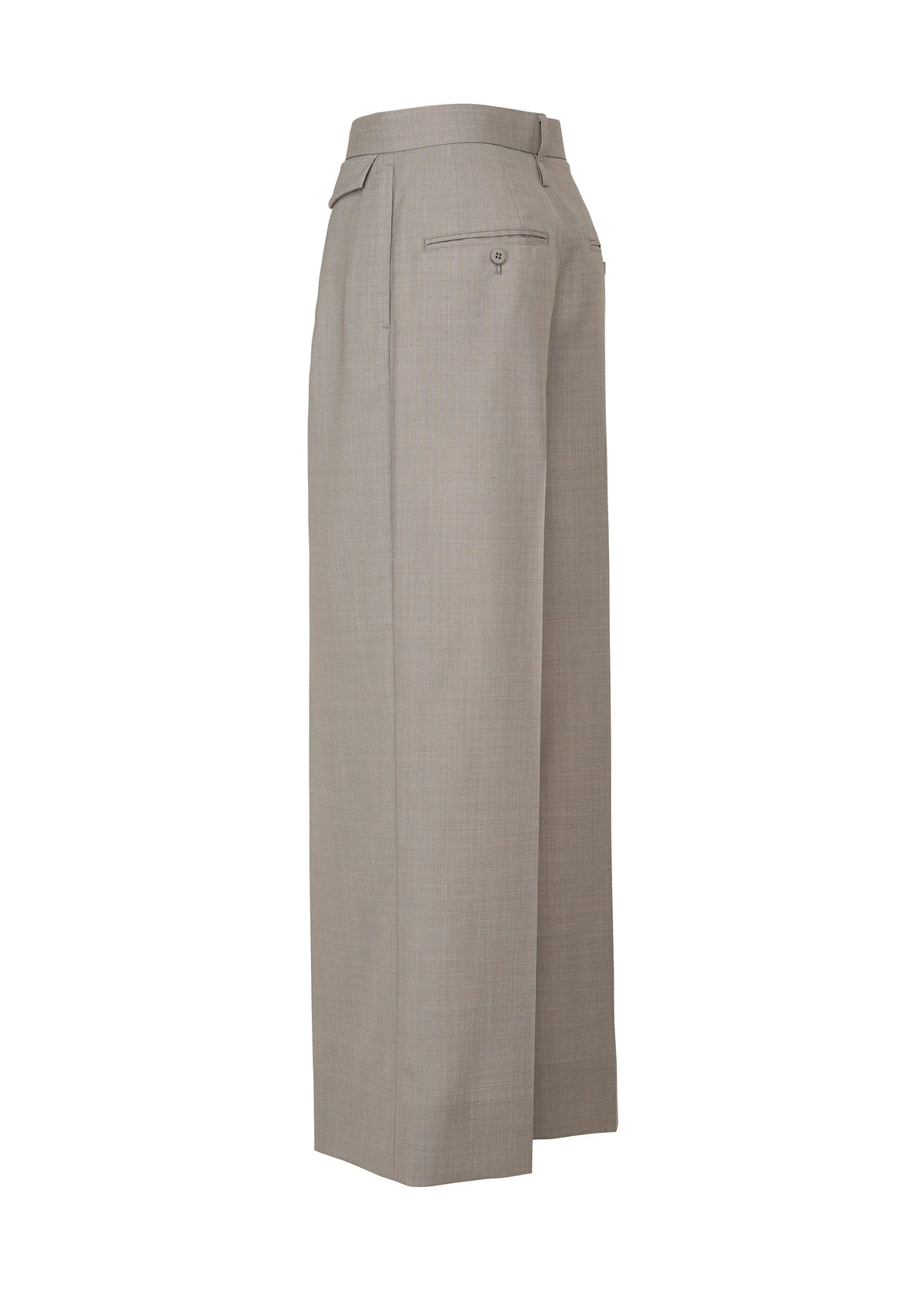 The HONEST ENSEMBLE by ISSEY MIYAKE features light gray, high-waisted, wide-leg dress pants crafted from yarn-dyed wool, designed with side pockets and a single back pocket, showcased from a rear side angle against a white background. view 4 of 7