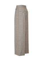 The HONEST ENSEMBLE by ISSEY MIYAKE features light gray, high-waisted, wide-leg dress pants crafted from yarn-dyed wool, designed with side pockets and a single back pocket, showcased from a rear side angle against a white background.