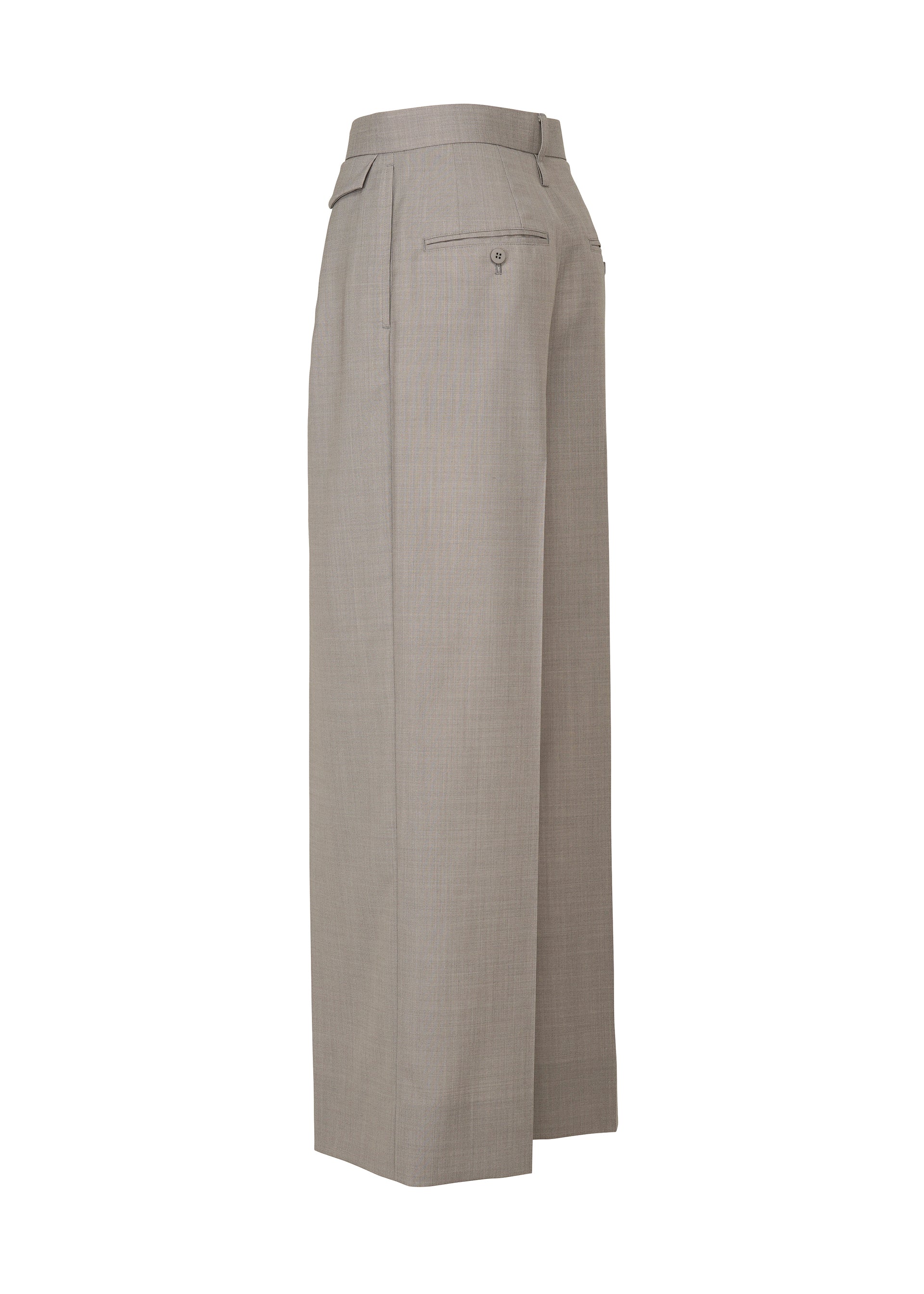 Zoomed view The HONEST ENSEMBLE by ISSEY MIYAKE features light gray, high-waisted, wide-leg dress pants crafted from yarn-dyed wool, designed with side pockets and a single back pocket, showcased from a rear side angle against a white background.