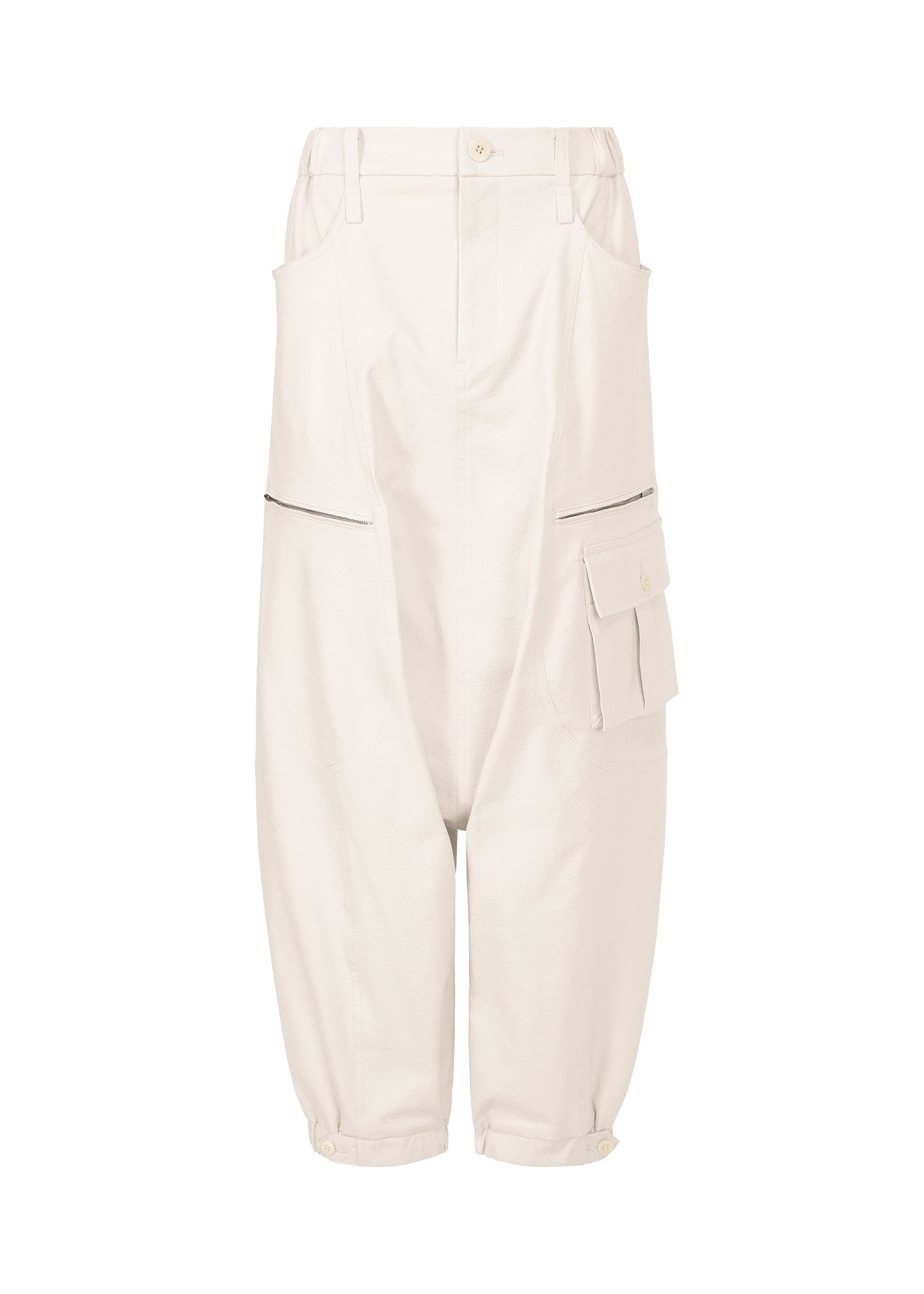 Zoomed view The ISSEY MIYAKE GRAINY PANTS are wide-leg, off-white cropped sarouel trousers in stretch cotton, featuring front zippers, large side pockets, a buttoned flap pocket on the right side, and button details at the cuffs. - OFF-WHITE （no.02）