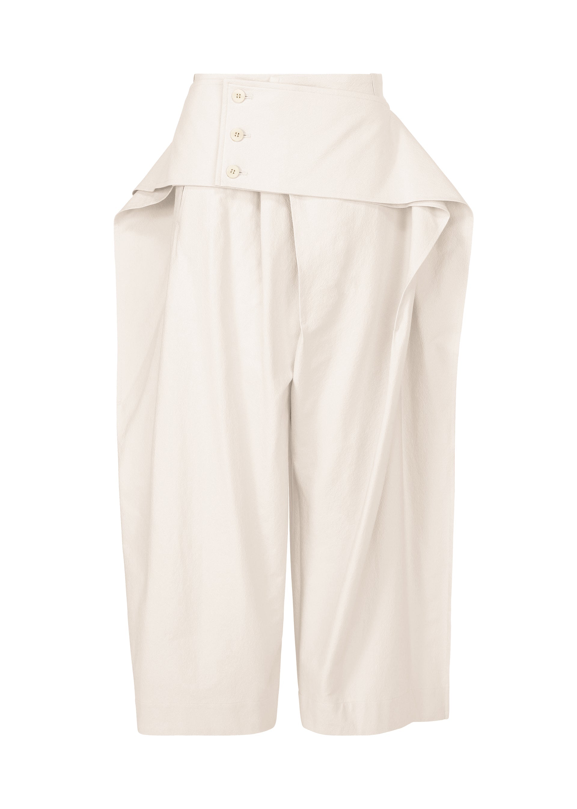 Zoomed view The GRAINY PANTS by ISSEY MIYAKE are high-waisted, wide-leg cream jacquard trousers with an asymmetric three-button waistband and draped detail, made from stretch polyester cotton and shown on a plain white background. - OFF-WHITE （no.02）