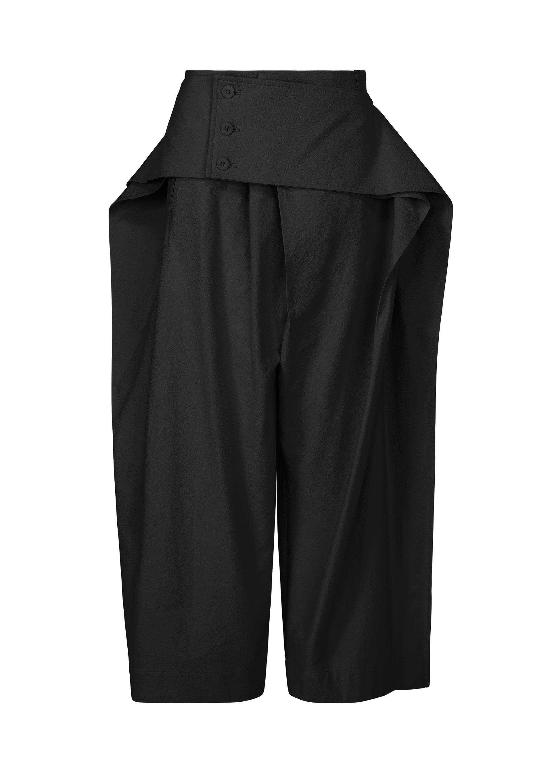 Zoomed view The GRAINY PANTS by ISSEY MIYAKE feature a black jacquard fabric, high waist, wide leg, asymmetric draped overlay, and three side buttons at the waistband for a loose, sculptural fit with modern volume. - BLACK （no.15）
