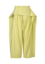 The GRAINY PANTS by ISSEY MIYAKE are high-waisted, wide-leg yellow jacquard trousers with an asymmetrical three-button connected waistband and distinct draped side detailing.