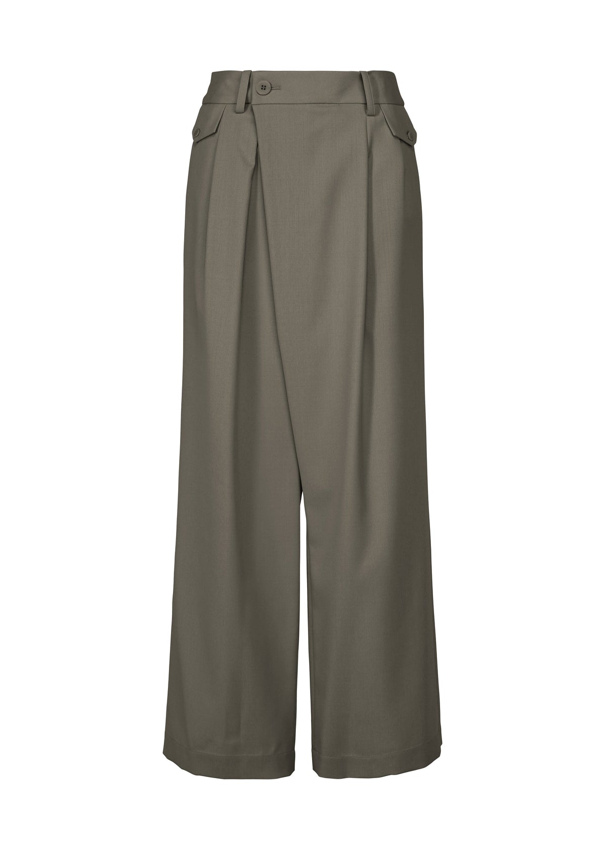 The LUSTROUS WOOL PANTS by ISSEY MIYAKE are high-waisted, wide-leg olive gabardine trousers made from a wrinkle-resistant wool blend. Featuring a front overlap design, button accents at the waistband, and an ankle-length hem, these hand-washable pants are shown against a white background. view 1 of 8