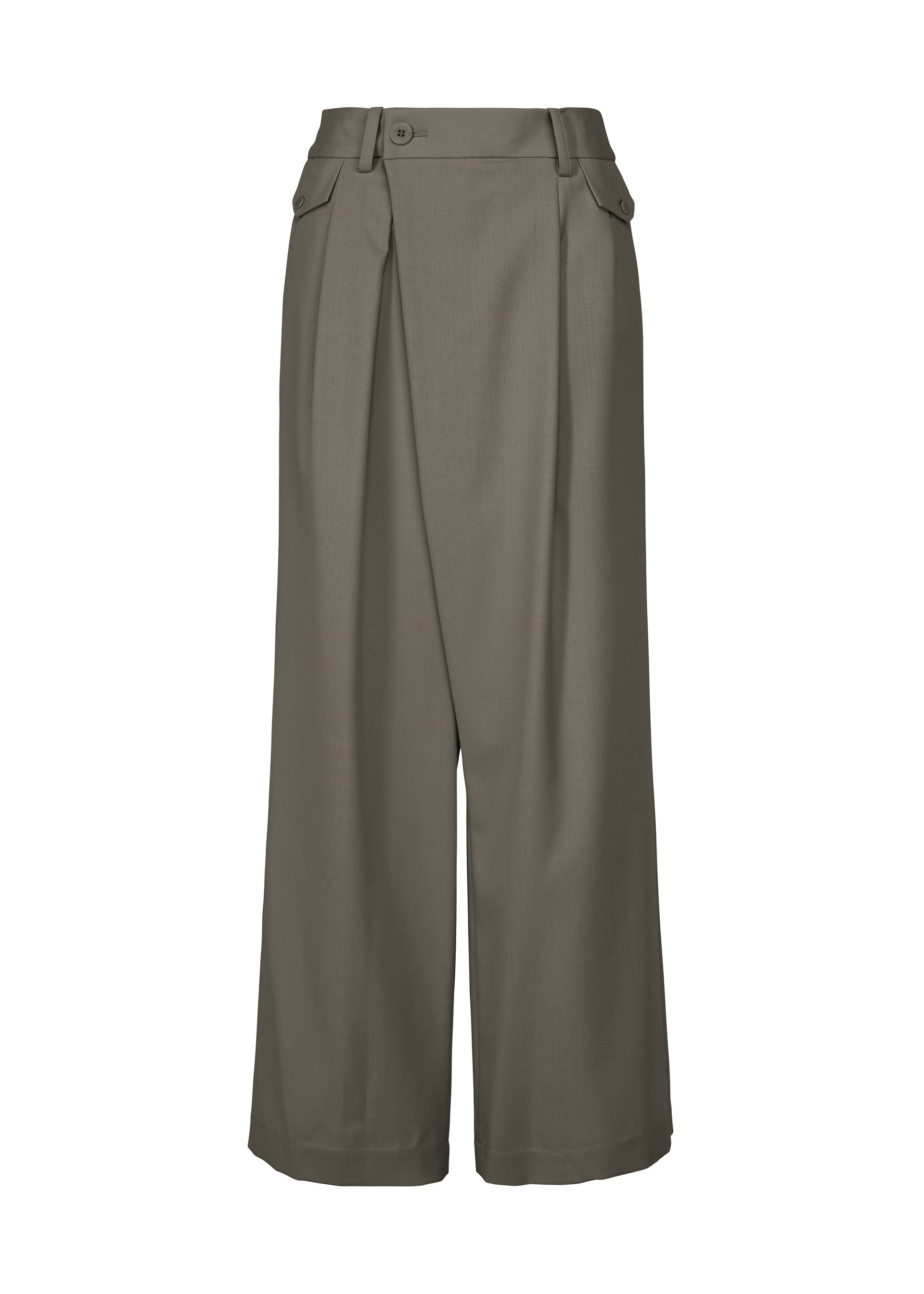 Zoomed view The LUSTROUS WOOL PANTS by ISSEY MIYAKE are high-waisted, wide-leg olive gabardine trousers made from a wrinkle-resistant wool blend. Featuring a front overlap design, button accents at the waistband, and an ankle-length hem, these hand-washable pants are shown against a white background. - GRAY （no.12）