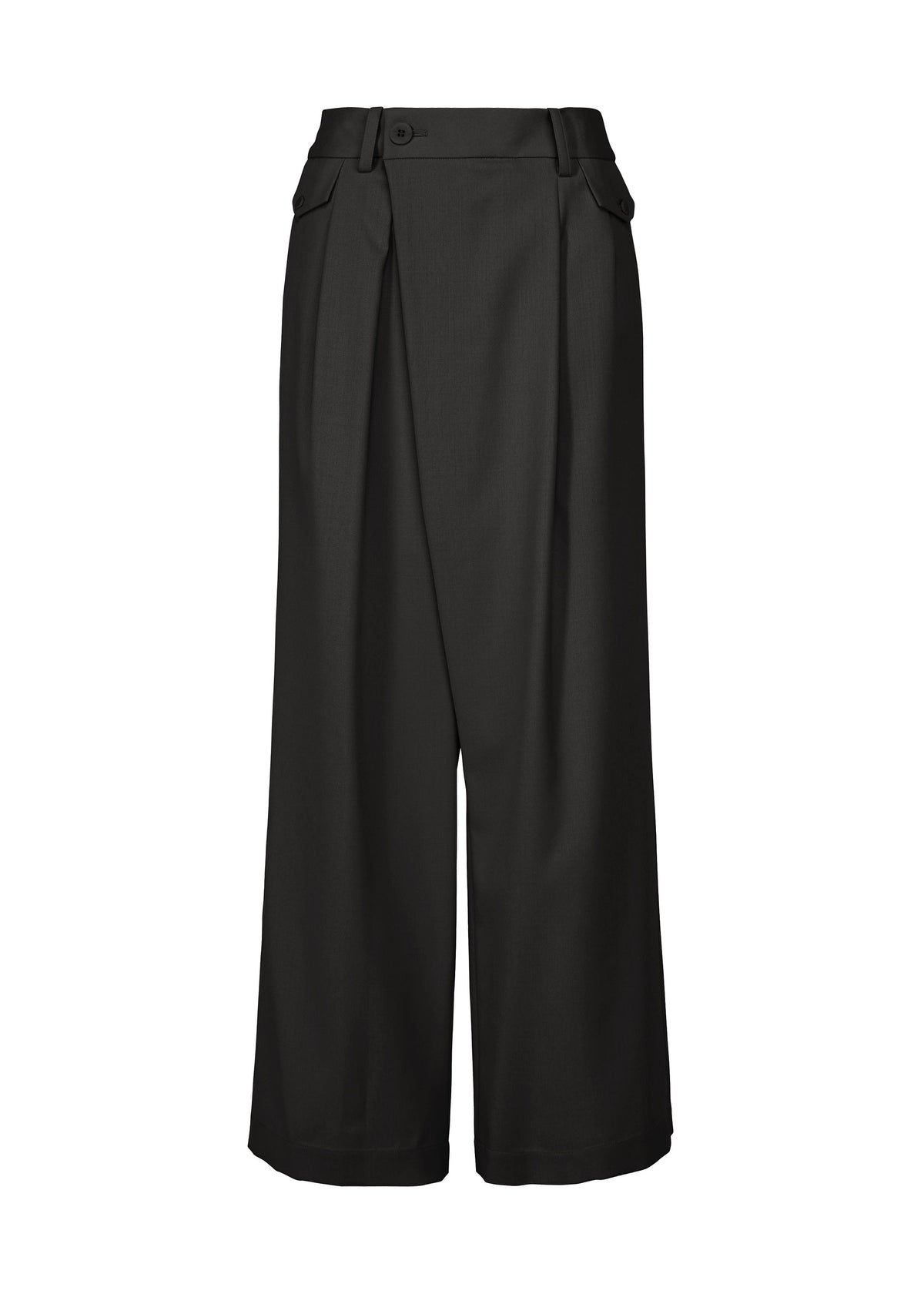 The LUSTROUS WOOL PANTS by ISSEY MIYAKE are wide-leg black trousers made from a wrinkle-resistant wool blend, designed with a high waist, front pleats, belt loops, and side pockets. These gabardine pants are hand-washable and are shown against a white background. view 2 of 8