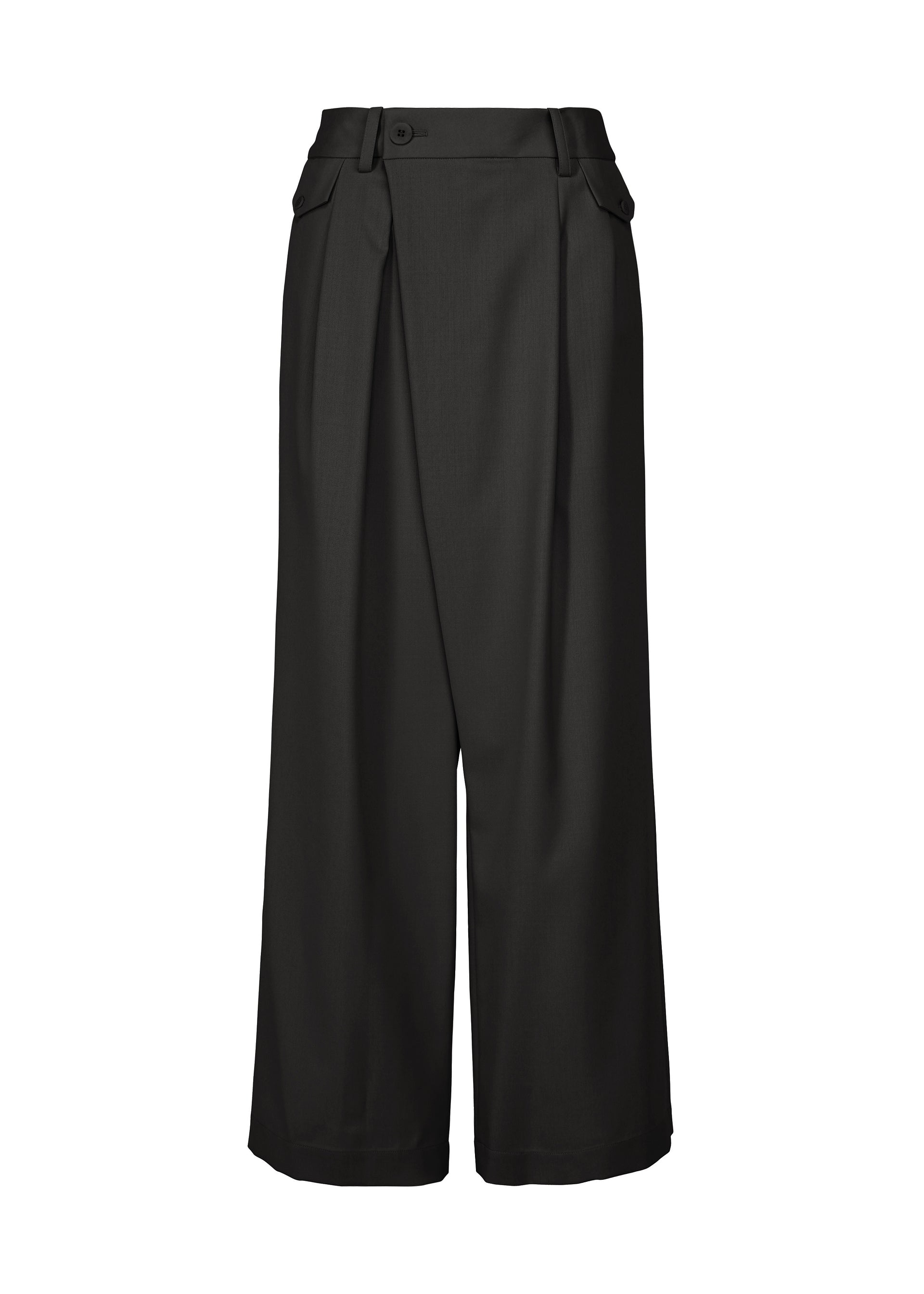 Zoomed view The LUSTROUS WOOL PANTS by ISSEY MIYAKE are wide-leg black trousers made from a wrinkle-resistant wool blend, designed with a high waist, front pleats, belt loops, and side pockets. These gabardine pants are hand-washable and are shown against a white background. - BLACK （no.15）