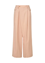 Introducing the LUSTROUS WOOL PANTS by ISSEY MIYAKE: high-waisted, wide-leg peach trousers tailored from a wrinkle-resistant wool blend gabardine. Featuring pleats and subtle button accents at the waistband, these cropped, hand-washable pants offer a sleek look with no visible pockets or patterns. - LIGHT PINK （no.21）