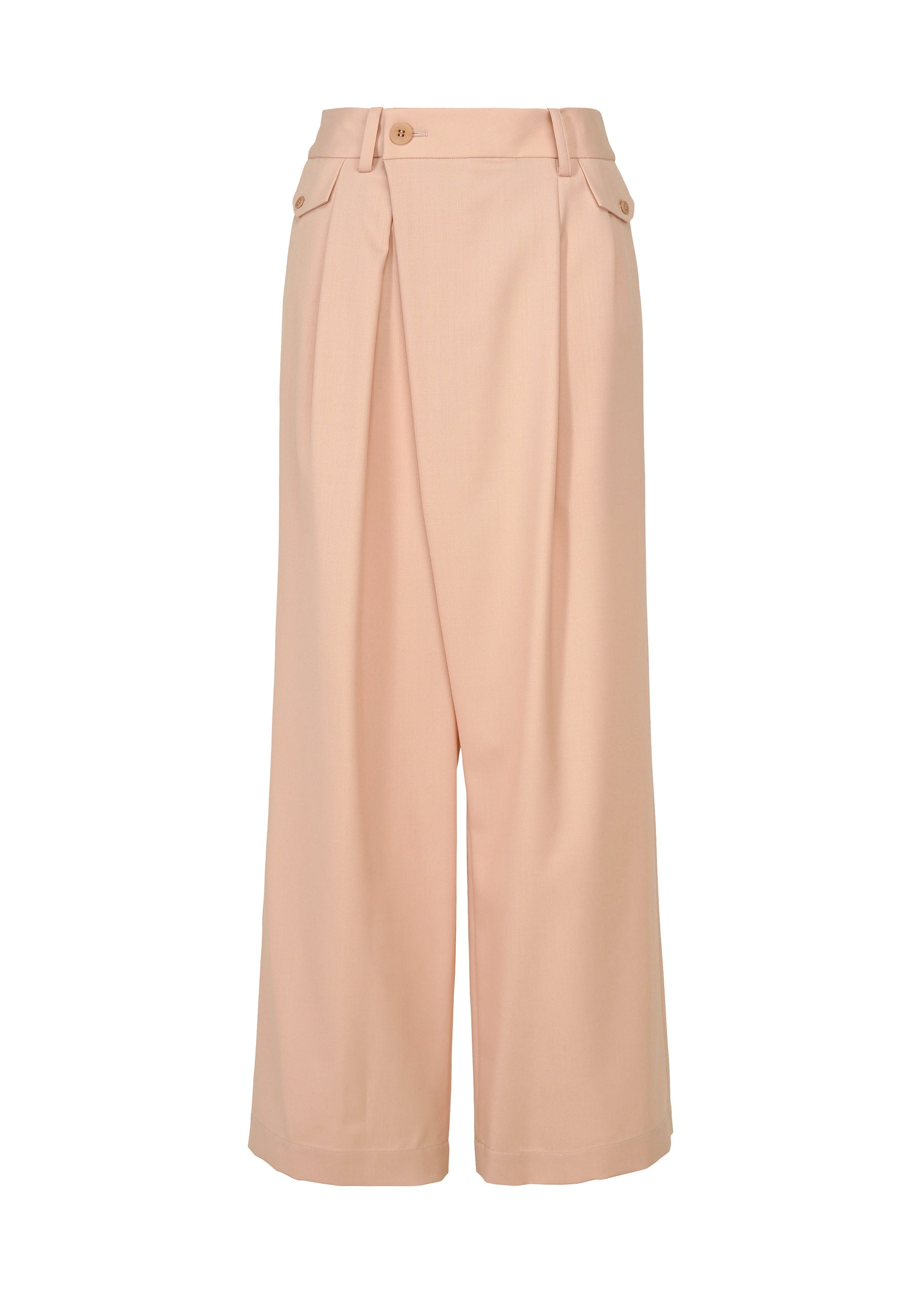 Zoomed view Introducing the LUSTROUS WOOL PANTS by ISSEY MIYAKE: high-waisted, wide-leg peach trousers tailored from a wrinkle-resistant wool blend gabardine. Featuring pleats and subtle button accents at the waistband, these cropped, hand-washable pants offer a sleek look with no visible pockets or patterns. - LIGHT PINK （no.21）