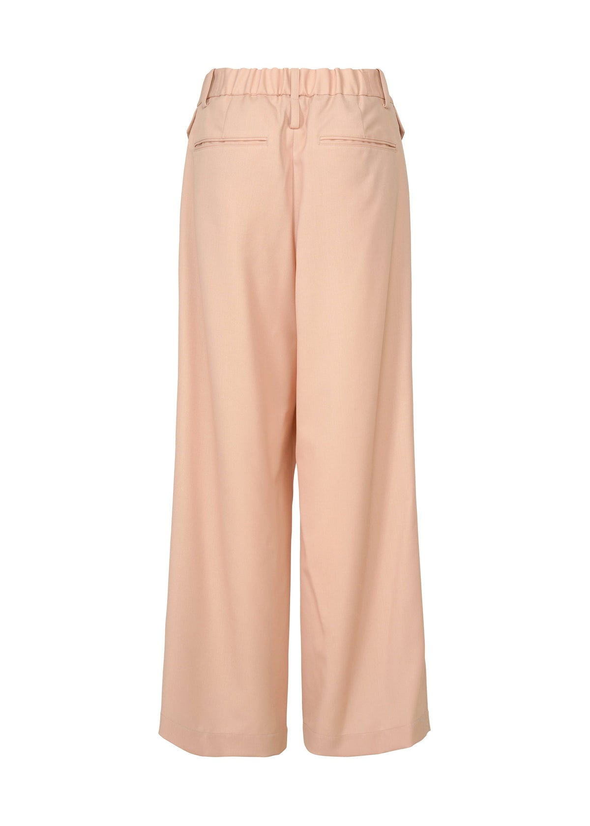 Back view of the LUSTROUS WOOL PANTS by ISSEY MIYAKE in peach, featuring a wide-leg silhouette crafted from a wrinkle-resistant wool blend. These relaxed-fit pants offer an elastic waistband, two welt pockets, and a straight hem, and are hand-washable for easy care. view 4 of 8