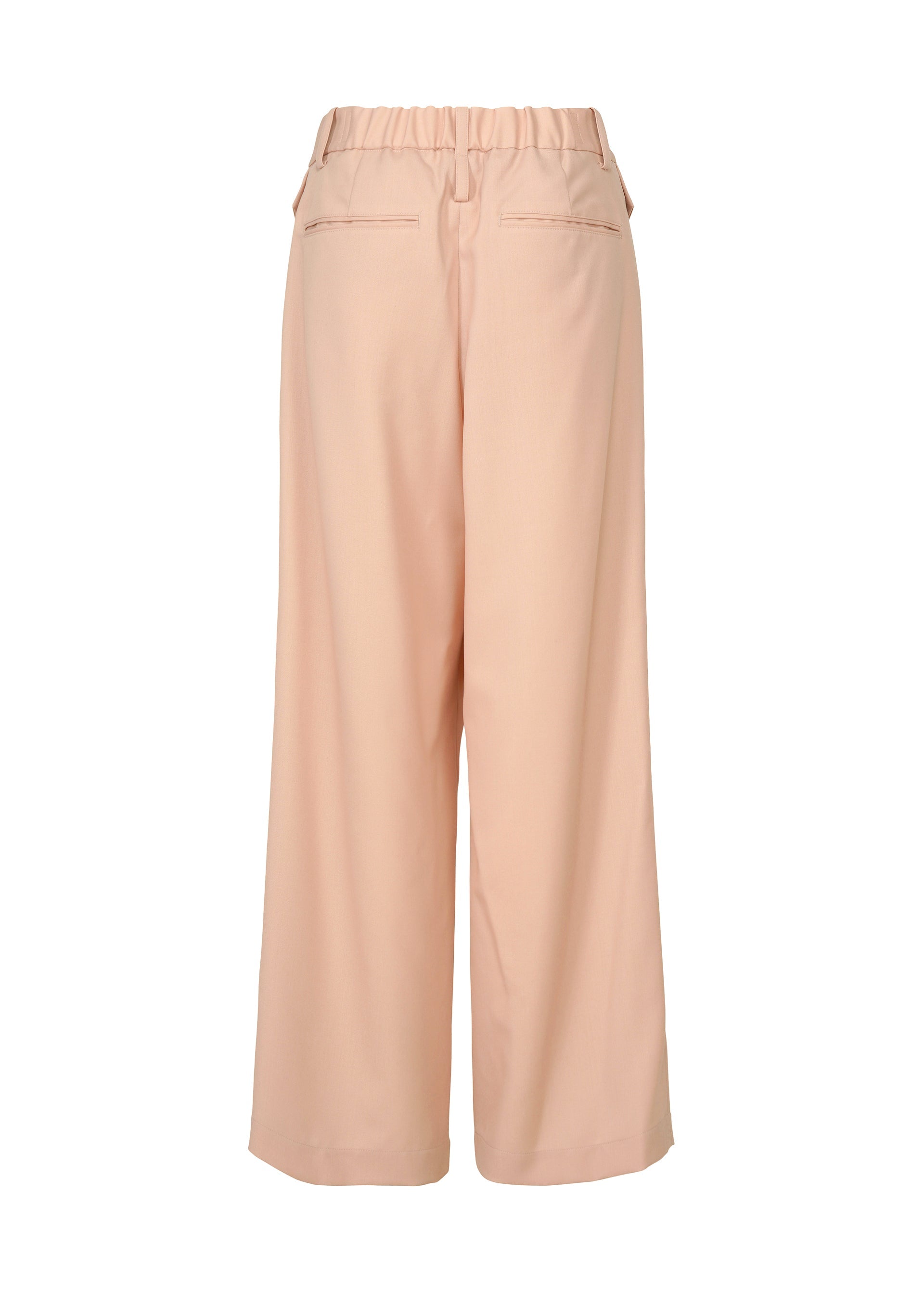 Zoomed view Back view of the LUSTROUS WOOL PANTS by ISSEY MIYAKE in peach, featuring a wide-leg silhouette crafted from a wrinkle-resistant wool blend. These relaxed-fit pants offer an elastic waistband, two welt pockets, and a straight hem, and are hand-washable for easy care.