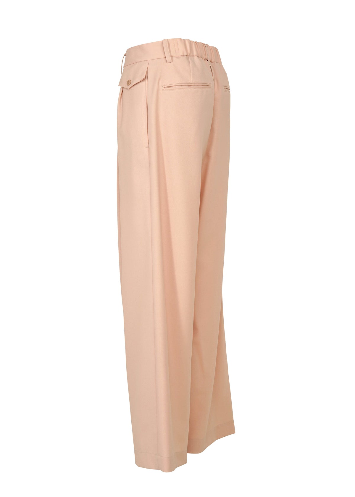 Presenting the LUSTROUS WOOL PANTS by ISSEY MIYAKE: These light pink, high-waisted trousers showcase a relaxed fit, tailored from a wrinkle-resistant wool blend. Featuring belt loops, pleated detailing, and buttoned back pockets, these wide gabardine pants are hand-washable and elegantly displayed against a white background. view 5 of 8