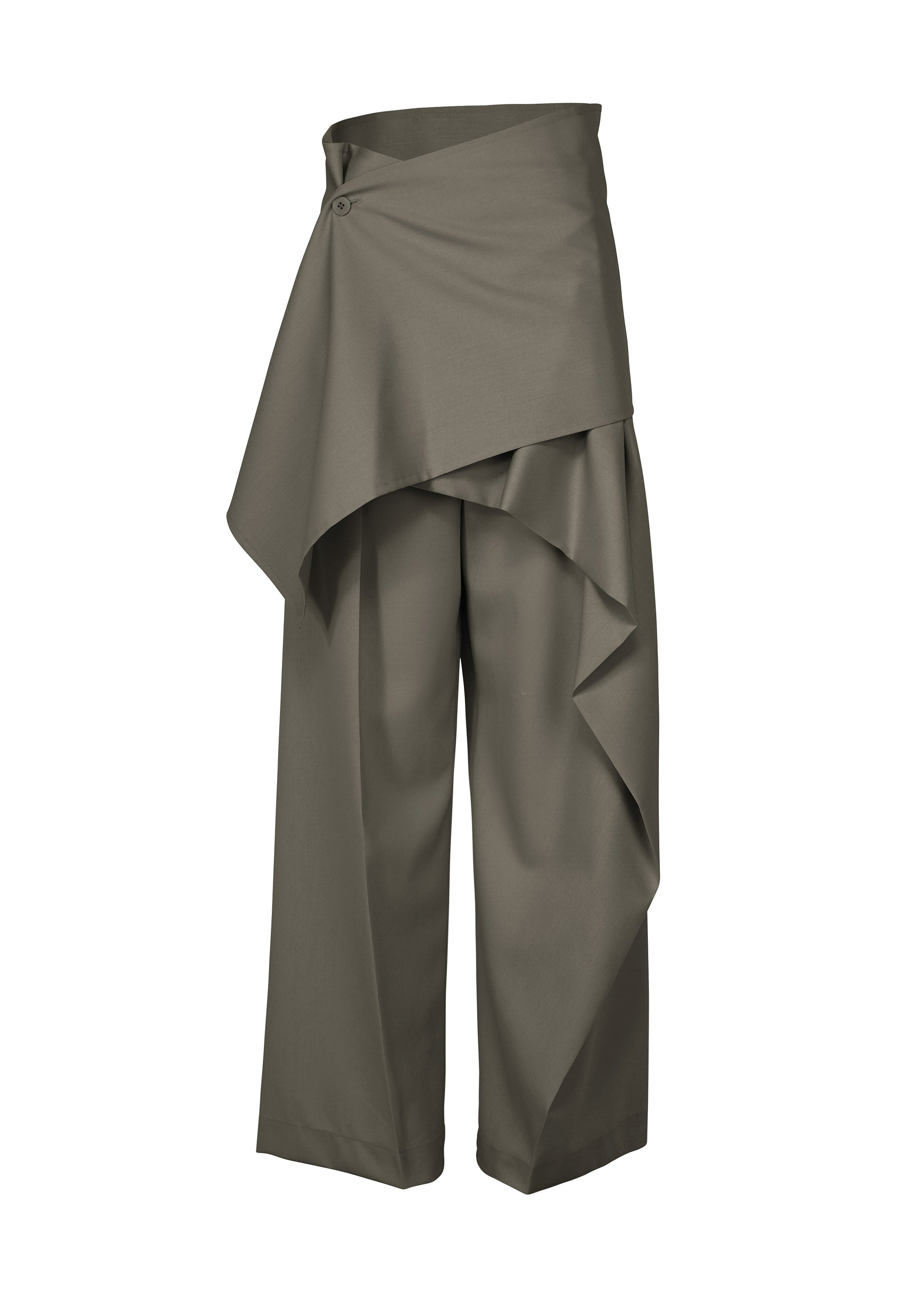 Zoomed view The LUSTROUS WOOL PANTS by ISSEY MIYAKE feature an olive-green hue and wide-leg silhouette, crafted from a wrinkle-resistant wool blend with an asymmetrical draped overlay and button detail at the waist for a modern, layered look. - GRAY （no.12）
