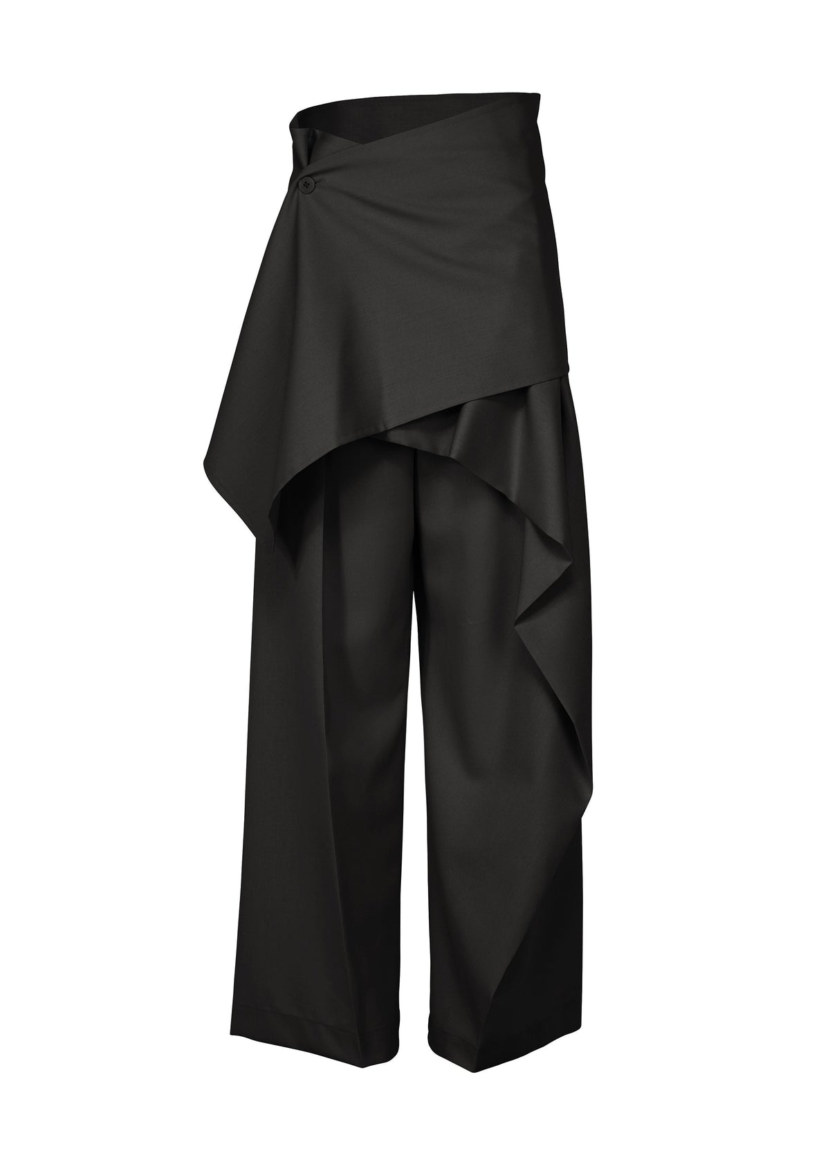 The LUSTROUS WOOL PANTS by ISSEY MIYAKE feature a wide-leg silhouette in black gabardine, enhanced with an asymmetrical draped overlay and a single button accent at the waist. Expertly crafted from a wrinkle-resistant wool blend, these pants offer a modern, layered look. view 2 of 9