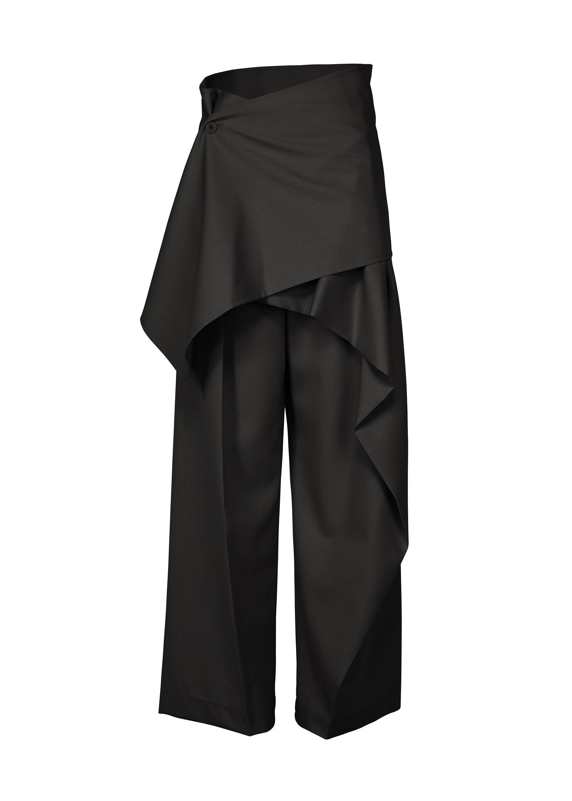 Zoomed view The LUSTROUS WOOL PANTS by ISSEY MIYAKE feature a wide-leg silhouette in black gabardine, enhanced with an asymmetrical draped overlay and a single button accent at the waist. Expertly crafted from a wrinkle-resistant wool blend, these pants offer a modern, layered look. - BLACK （no.15）