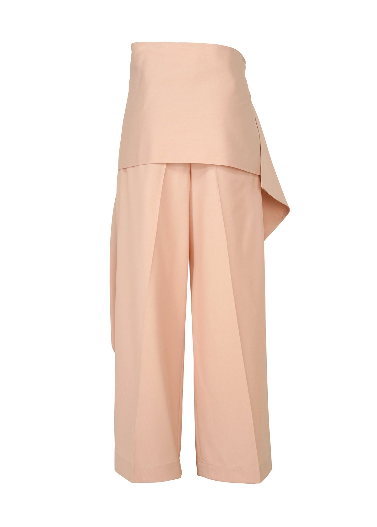 The LUSTROUS WOOL PANTS by ISSEY MIYAKE are wide-legged, high-waisted peach gabardine trousers featuring an overlapping, asymmetrical waistband detail and front pleats. Expertly crafted from a wrinkle-resistant wool blend, the pants are showcased against a white background. view 4 of 9