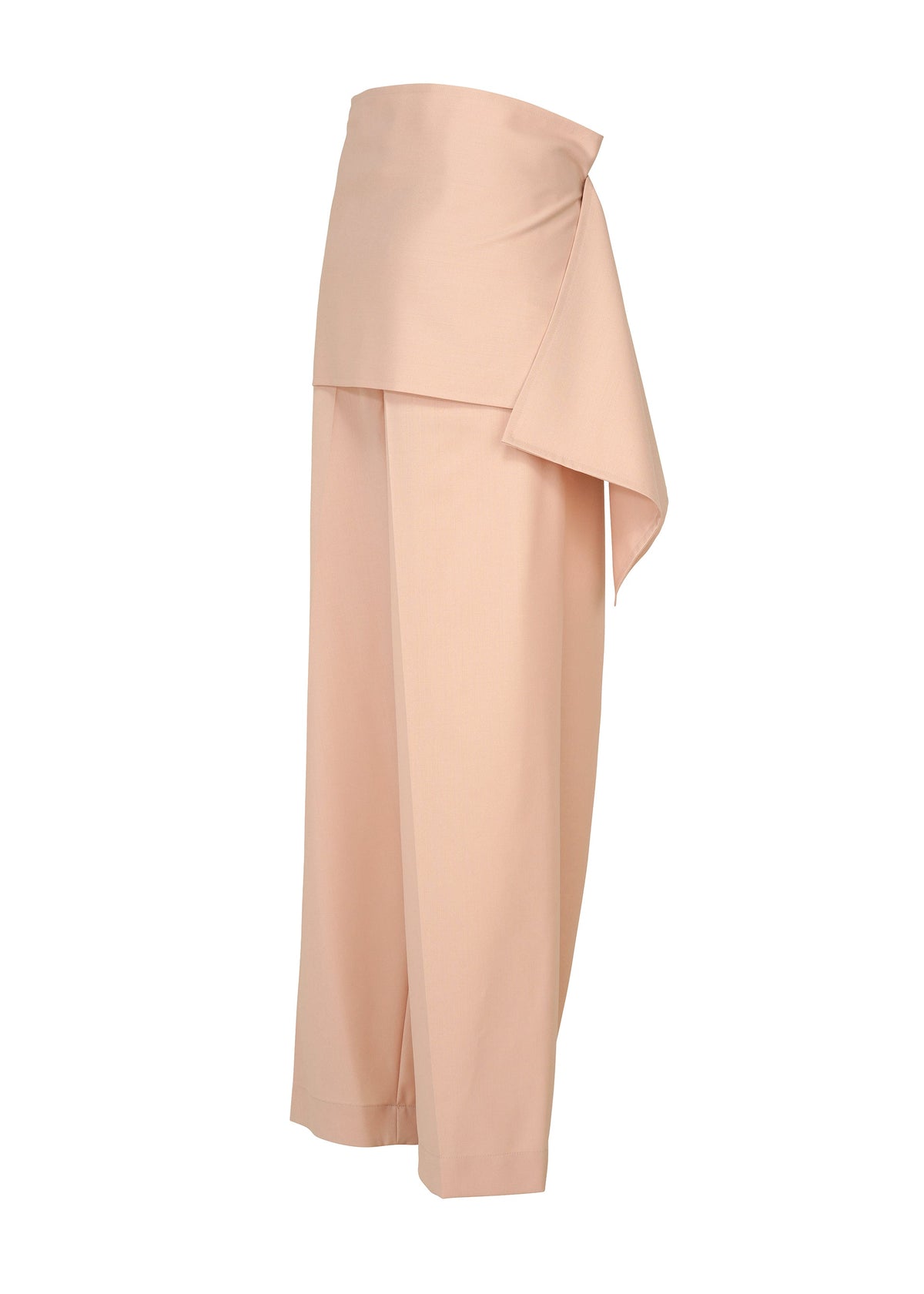 The LUSTROUS WOOL PANTS by ISSEY MIYAKE are wide-leg, high-waisted peach gabardine pants featuring an asymmetrical, layered wrap detail at the waistband. Expertly crafted from a wrinkle-resistant wool blend, they are presented against a plain white background. view 5 of 9