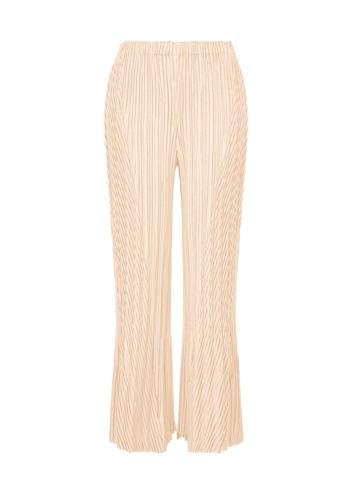 The ISSEY MIYAKE UNFURLING PLEATS are beige wide-leg pants featuring Keshi pleats, a high elastic waistband, and vertical textured lines, shown against a plain white background. view 1 of 8