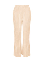 The ISSEY MIYAKE UNFURLING PLEATS are beige wide-leg pants featuring Keshi pleats, a high elastic waistband, and vertical textured lines, shown against a plain white background. - OFF-WHITE （no.02）