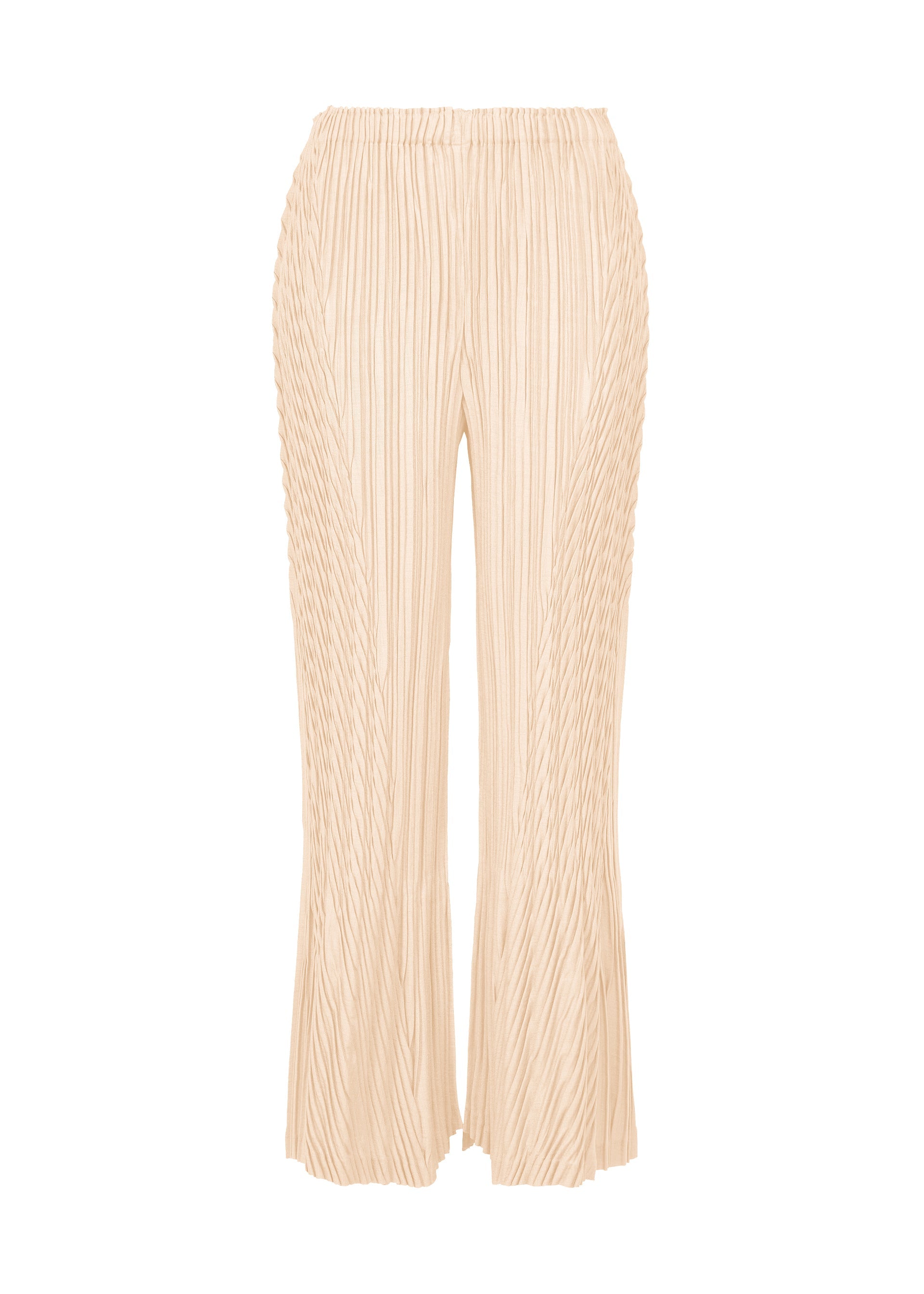 Zoomed view The ISSEY MIYAKE UNFURLING PLEATS are beige wide-leg pants featuring Keshi pleats, a high elastic waistband, and vertical textured lines, shown against a plain white background. - OFF-WHITE （no.02）