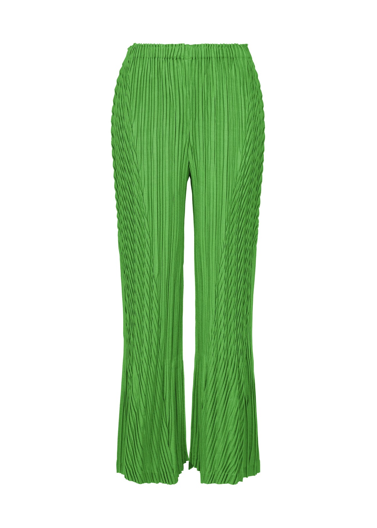 The ISSEY MIYAKE UNFURLING PLEATS are bright green high-waisted flared pants with wide legs, Keshi pleats, textured vertical lines, and a slightly flared hem, shown on a white background. view 2 of 8
