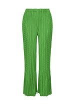 The ISSEY MIYAKE UNFURLING PLEATS are bright green high-waisted flared pants with wide legs, Keshi pleats, textured vertical lines, and a slightly flared hem, shown on a white background. - GREEN （no.62）