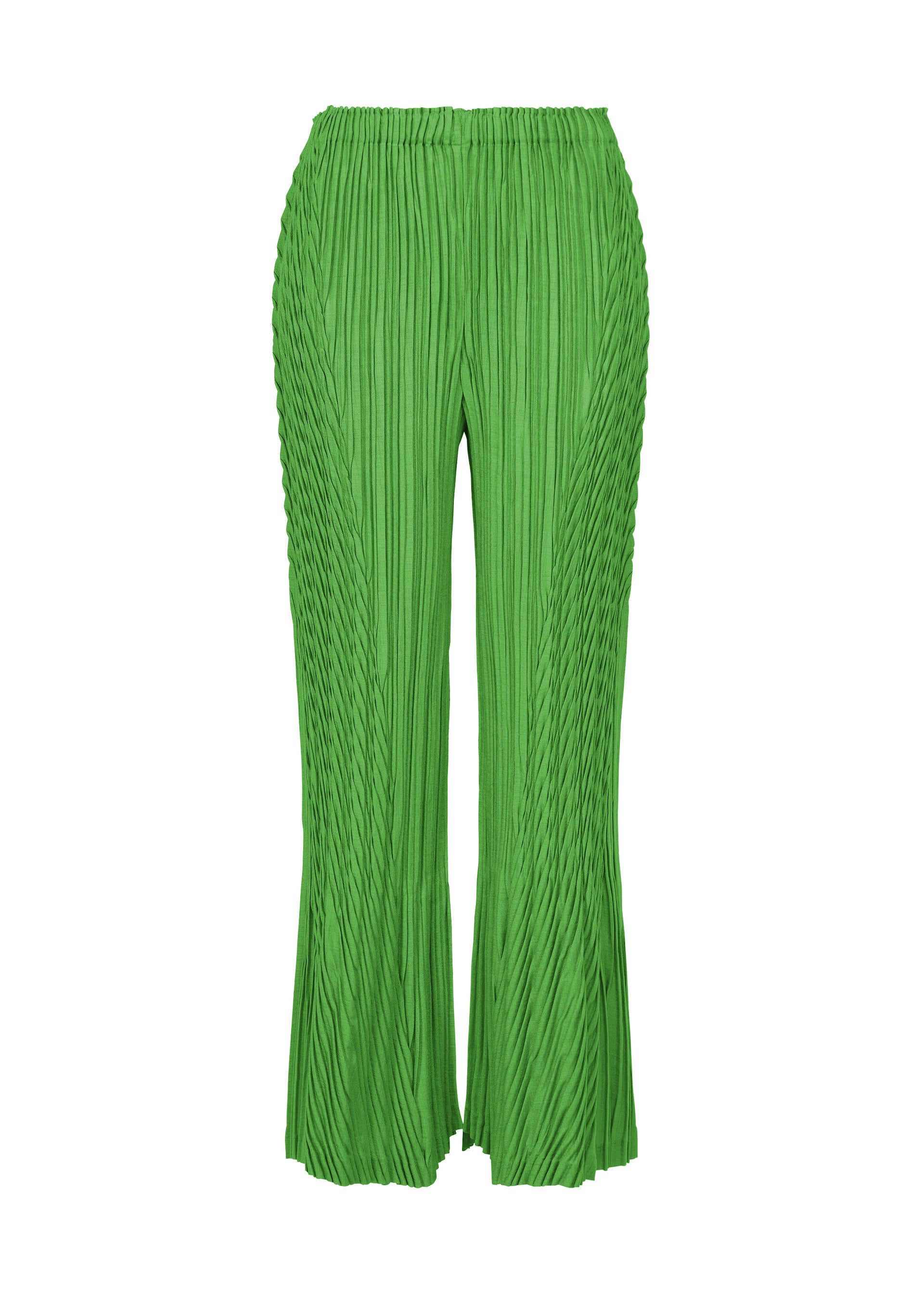 Zoomed view The ISSEY MIYAKE UNFURLING PLEATS are bright green high-waisted flared pants with wide legs, Keshi pleats, textured vertical lines, and a slightly flared hem, shown on a white background. - GREEN （no.62）
